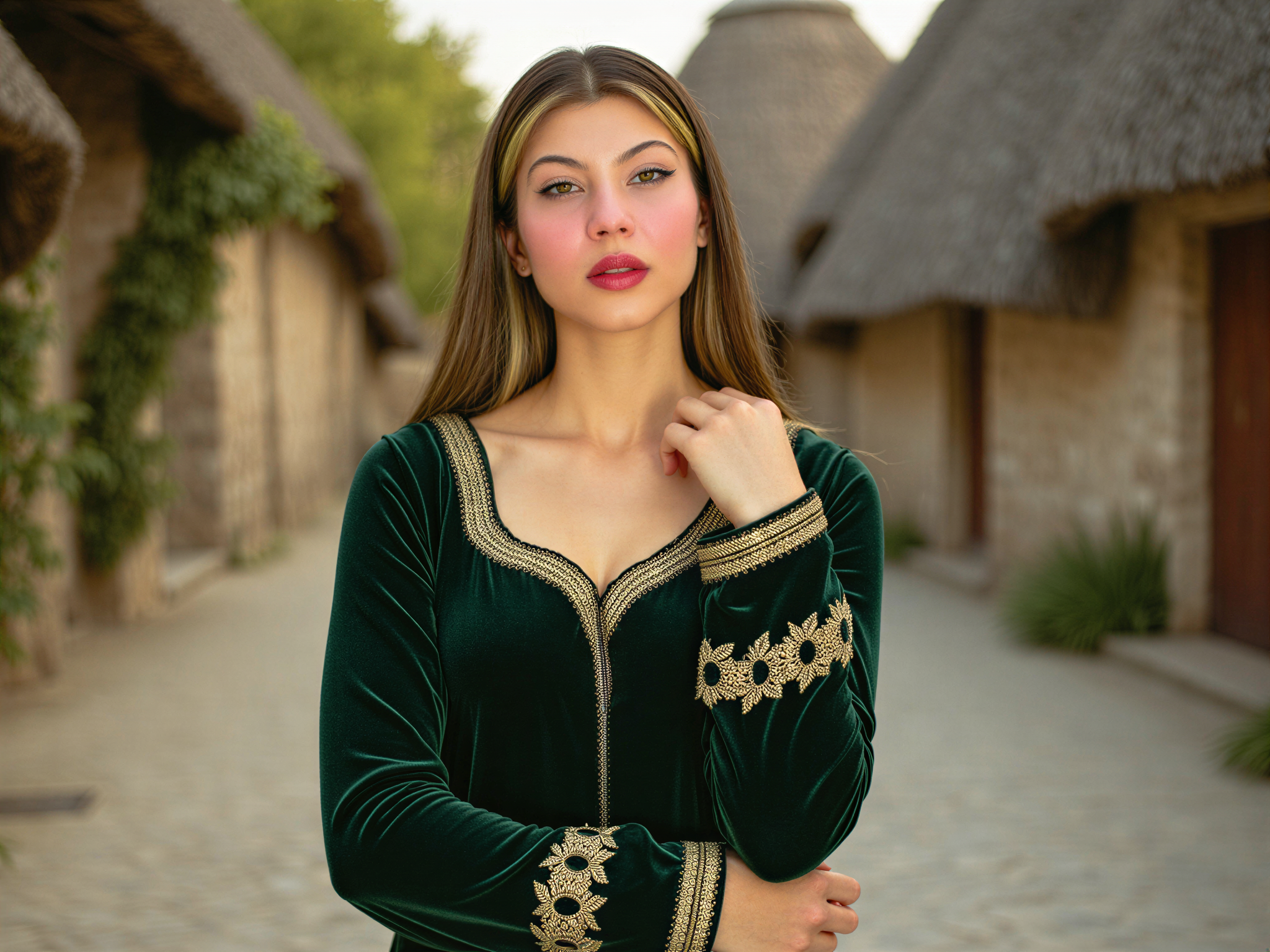 A joyful female figure, OD62S, aged 28, embodies the spirit of Medieval Times, dressed in a richly embroidered gown made of deep emerald velvet adorned with golden thread. Her regal sleeves billow elegantly, framing her joyful expression as she smiles brightly, exuding warmth. A delicate gold circlet rests upon her loose, flowing dark hair, hinting at nobility. The background features a quaint medieval village with cobblestone streets and thatched cottages, bathed in soft, golden sunlight that enhances the cheerful mood. The composition captures the liveliness of the era, combining vibrancy and historical elegance in a photorealistic portrayal.