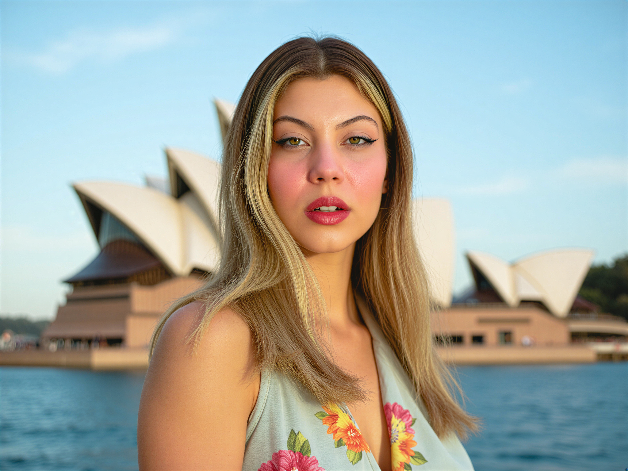 A vibrant, lively portrait of a female individual, OD62S, aged 28, captured in a joyful moment against the iconic Sydney Opera House backdrop. She wears a breezy, floral sundress that gently moves with the ocean breeze, embodying a carefree spirit. Her hair flows freely in loose waves, and she has a radiant smile that reflects the happiness of a sunny day in Sydney. The composition features bright colors against a clear blue sky, with the golden sunlight creating a warm glow. The image captures the essence of youthful exuberance and adventure in an urban setting, celebrating life and the beauty of the Sydney landscape.