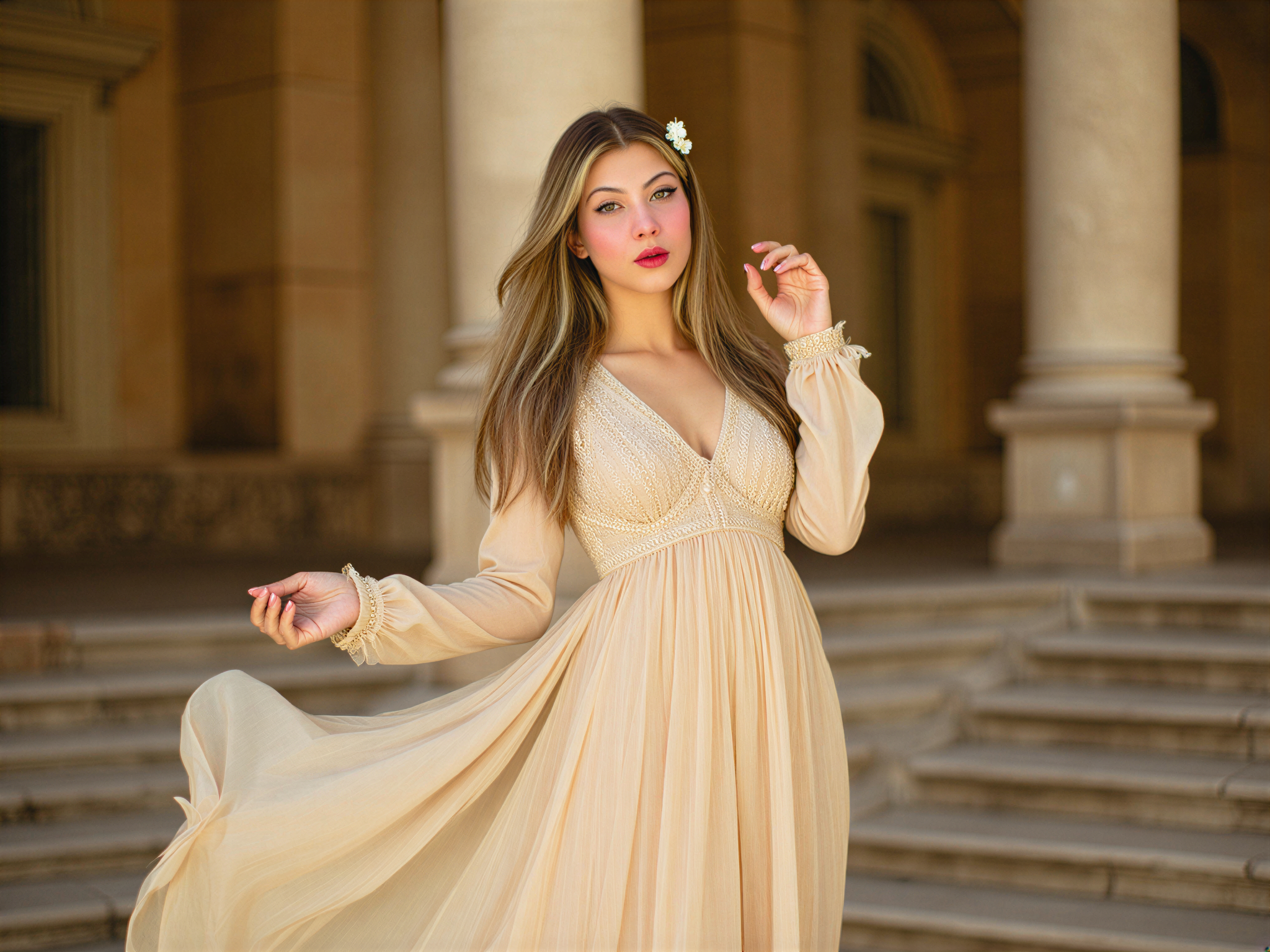 A female subject, OD62S, aged 28, exuding joy and elegance in an opulent setting inspired by an opera house. She stands in front of grand, ornate architectural features, wearing a flowing champagne-colored gown made of silk chiffon that cascades beautifully to the floor. The gown features delicate lace detailing and fluttering sleeves, capturing a whimsical yet sophisticated vibe. Her hair is styled in soft, romantic waves, adorned with a small floral tiara. The atmosphere is infused with a sense of celebration and happiness, as she smiles broadly, radiating a sense of freedom and grace. Soft, golden lighting bathes the scene, enhancing the grandeur while spotlighting her joyful expression, making it feel like a moment plucked from a fairytale. The overall composition is balanced and harmonious, inviting viewers to feel the elation of the moment.