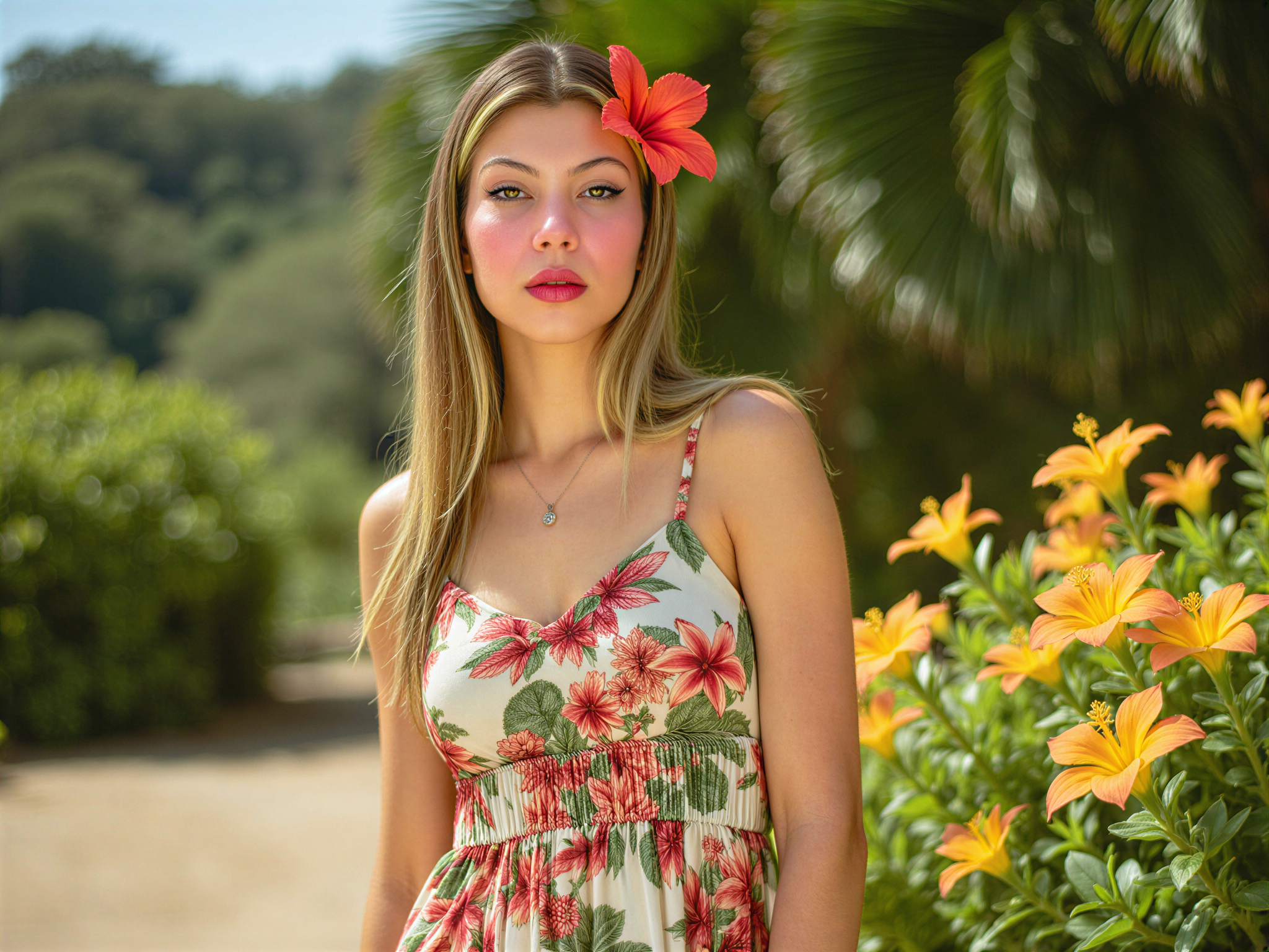 A joyful, 28-year-old female, OD62S, captured in a vibrant outdoor scene in Brazil. She wears a flowing, colorful maxi dress adorned with tropical prints that flutter in the warm breeze, reflecting the lively spirit of Brazilian culture. Her hair is loose and adorned with fresh hibiscus flowers, radiating a sunny, carefree vibe. The backdrop features lush greenery and bright, exotic flowers, embodying the beauty of a Brazilian summer. The sunlight bathes the scene in a golden glow, enhancing the happy mood and creating an inviting, festive atmosphere.