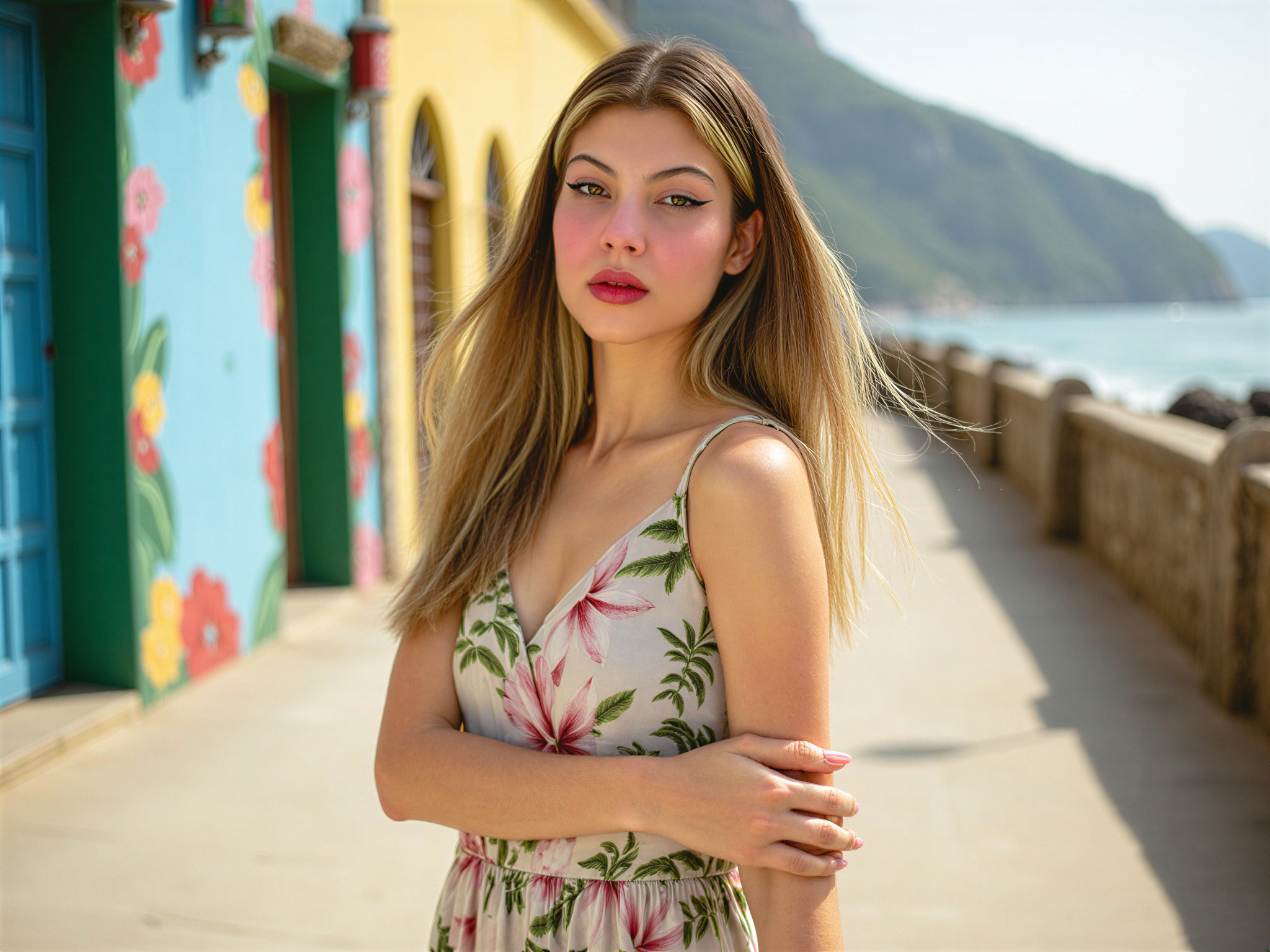 A joyful female figure, OD62S, aged 28, captured on the vibrant streets of Rio de Janeiro. She wears a light, flowy sundress in bright tropical colors, adorned with floral patterns that reflect the lively spirit of the city. Her hair dances in the warm breeze, styled in loose waves. The background is a kaleidoscope of Rio’s iconic landmarks—colorful street art and the majestic Sugarloaf Mountain visible in the distance. She beams with happiness, embodying the effervescent energy of a sunny day in Rio. Natural lighting enhances the warmth of the scene, creating an inviting and cheerful atmosphere, perfect for a fashion editorial celebrating the joys of life in Brazil.