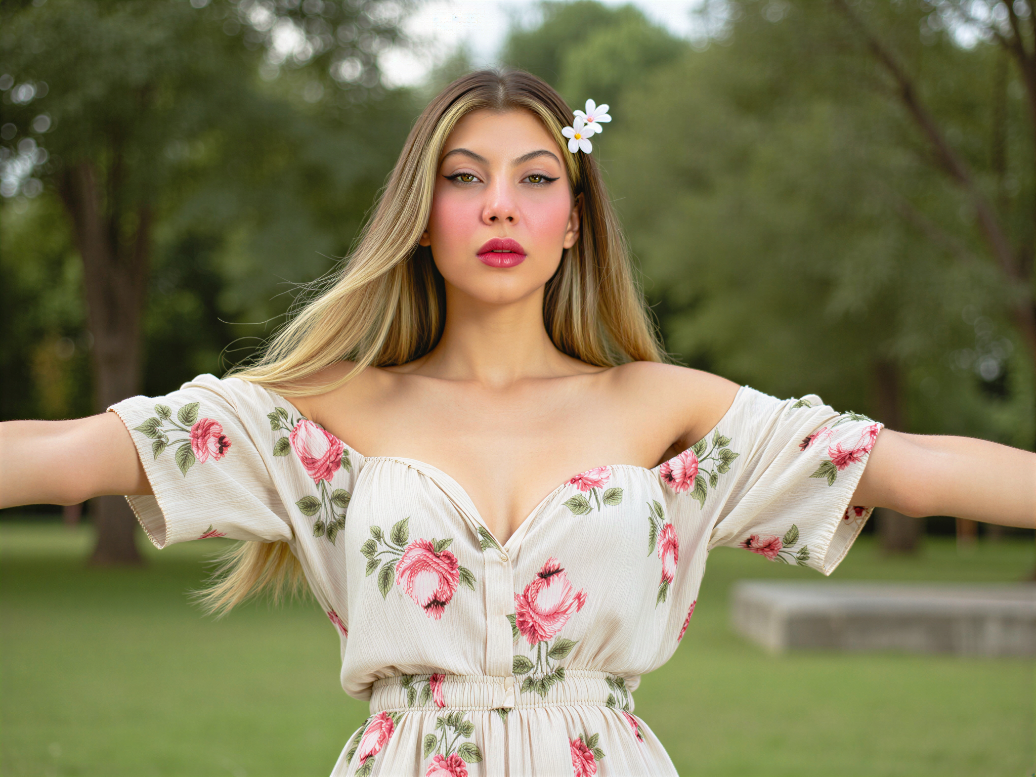 A joyful female figure, OD62S, aged 28, embodies the vibrant spirit of spring while lounging in Ibirapuera Park, São Paulo. She wears a breezy, off-the-shoulder floral-printed maxi dress crafted from light chiffon, epitomizing carefree elegance. Her hair flows in soft waves, adorned with delicate wildflowers, capturing the essence of the blossoming surroundings. The image captures her beaming smile as she throws her arms wide open, basking in the dappled sunlight filtering through the lush greenery. A sense of freedom and happiness emanates from her pose, framed by the park's iconic landscapes, creating a breathtaking contrast of joy against nature's beauty.