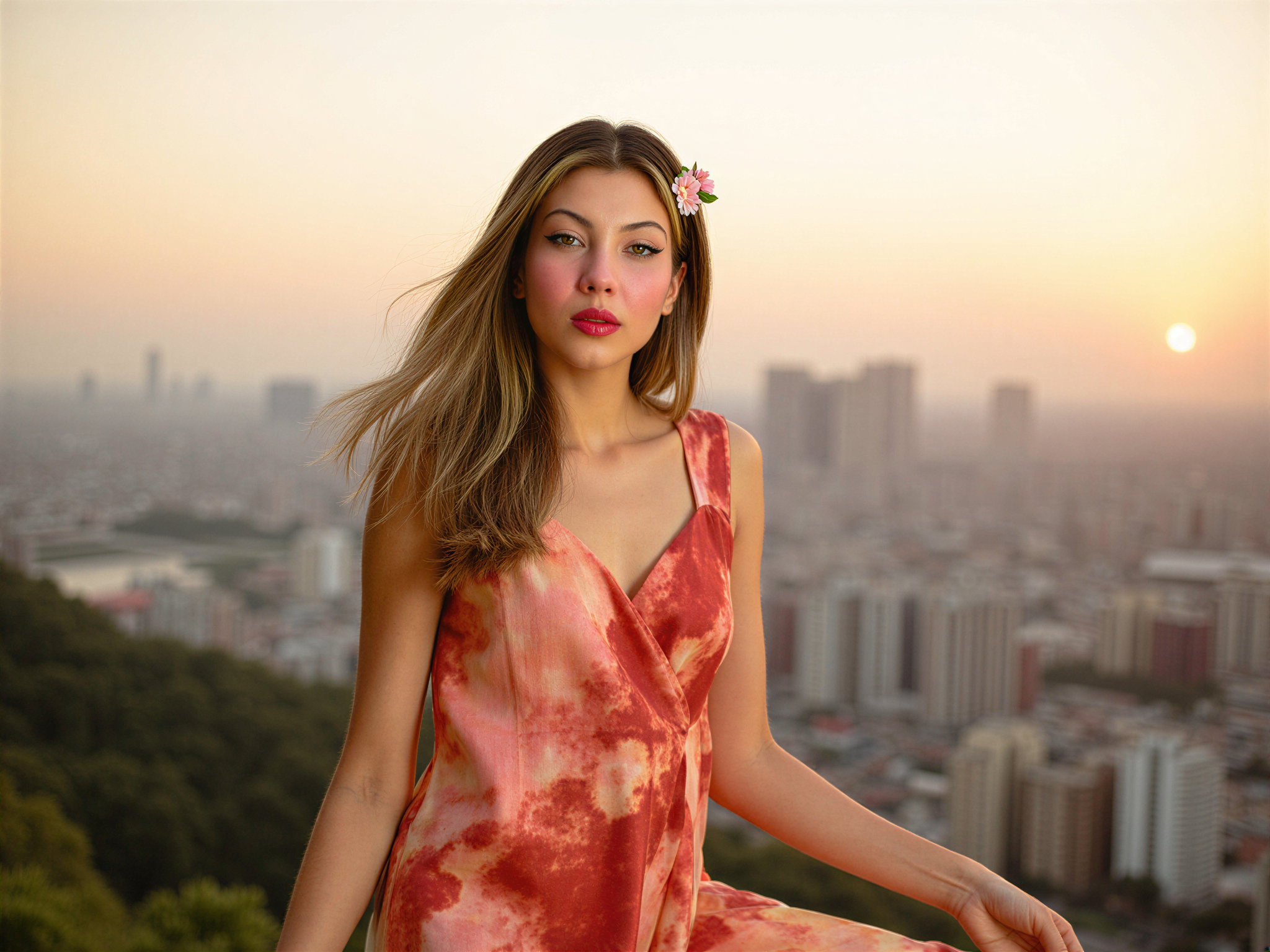 A vibrant portrait of a female individual, OD62S, aged 28, smiling joyfully against the picturesque backdrop of Beijing's skyline at sunset. She wears a flowing, colorful silk dress that dances lightly in the breeze, the fabric catching the warm hues of the setting sun. Her hair cascades in loose waves, adorned with a delicate floral hairpiece that complements her cheerful aura. The dynamic cityscape, with its blend of modern architecture and traditional elements, enhances the sense of happiness and celebration. The lighting captures her glowing complexion, evoking a mood of warmth and exhilaration, perfect for a travel editorial showcasing the essence of Beijing's enchanting ambiance.