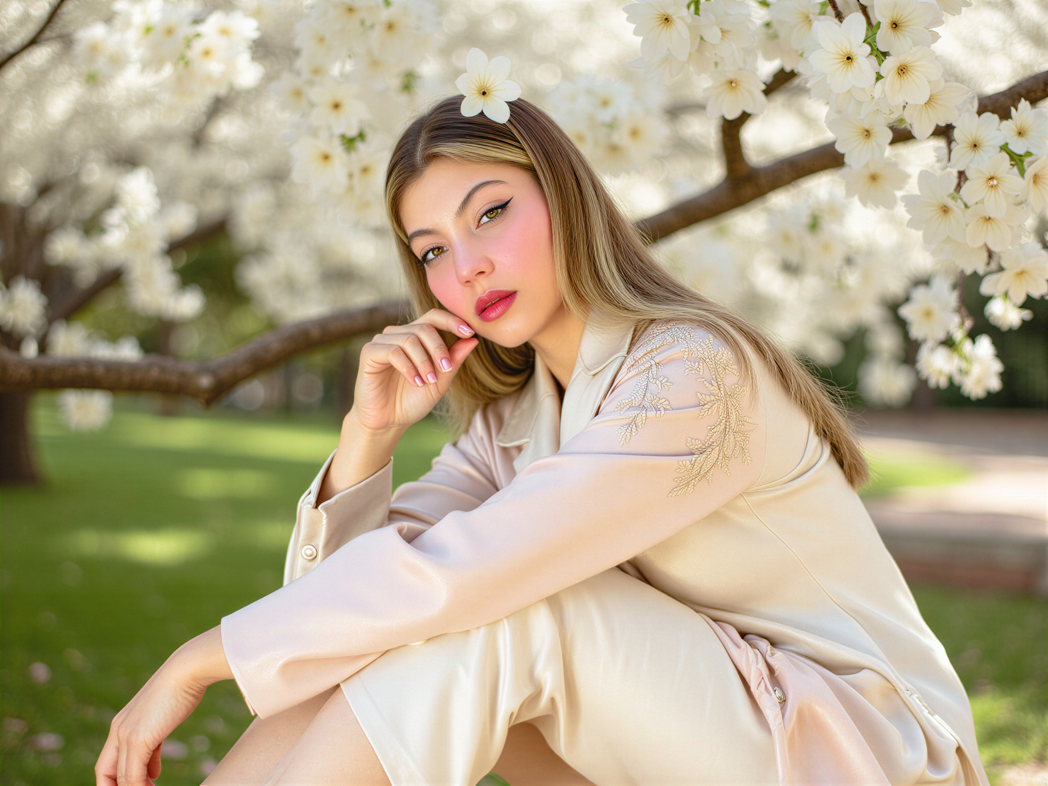 A joyful female figure, OD62S, aged 28, embodying the essence of an 'Oriental Pearl.' She wears an exquisite gown made of lustrous silk in soft iridescent hues, reflecting shades of pearl, ivory, and blush. The dress features intricate embroidery reminiscent of traditional Asian motifs, with elegant flowing sleeves and a high-low hem that reveals delicate, strappy high-heeled sandals. Her hair is styled in soft, cascading waves adorned with fresh white orchids, enhancing the graceful aesthetic. The setting is a sunlit garden with cherry blossoms creating a dreamy atmosphere, where soft light dances around her, complementing her radiant smile that exudes pure happiness. The image captures a harmonious blend of cultural elegance and modern fashion, evoking a sense of blissful celebration and beauty.