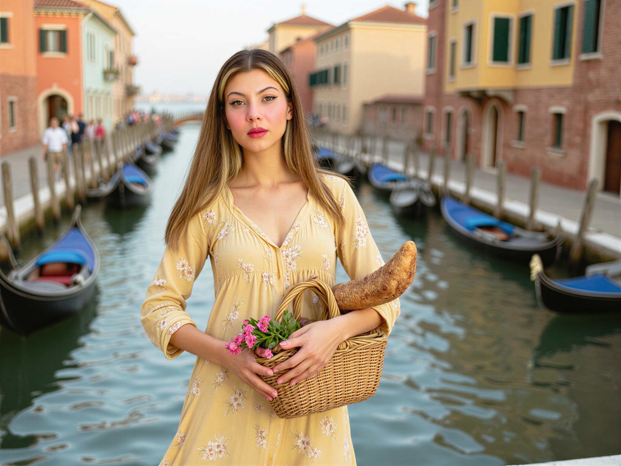 A joyful female figure, OD62S, aged 28, is captured in a bright, bustling scene of Little Venice. She exudes happiness as she strolls along the picturesque canals, wearing a flowing, floral maxi dress in soft pastels that mirror the vibrancy of the surroundings. The delicate fabric catches the sunlight, creating an ethereal glow around her. Her hair cascades in loose waves, adorned with fresh flowers matching her dress. She holds a woven basket filled with fresh produce and artisan bread, embodying a carefree spirit. The charming Venetian architecture and colorful gondolas serve as a captivating backdrop, enriching the image with a sense of wanderlust and joy. The lighting is warm and inviting, enhancing the overall cheerful mood of the scene.