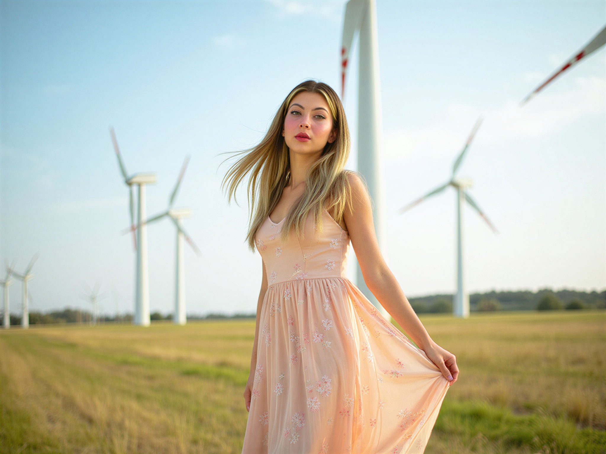 A vibrant and joyful scene featuring a female figure, OD62S, aged 28, standing among a field of windmills. She wears a flowing, pastel-colored maxi dress that dances with the breeze, adorned with floral prints. Sunlight filters through the blades of the windmills, casting playful shadows on her radiant face, which beams with happiness. Her hair flows freely, styled in soft waves that reflect the golden sun. The background is filled with a clear blue sky contrasted against the white sails of the windmills, evoking a sense of freedom, joy, and connection with nature. This image captures the essence of a carefree summer day, celebrating life with every joyous detail.