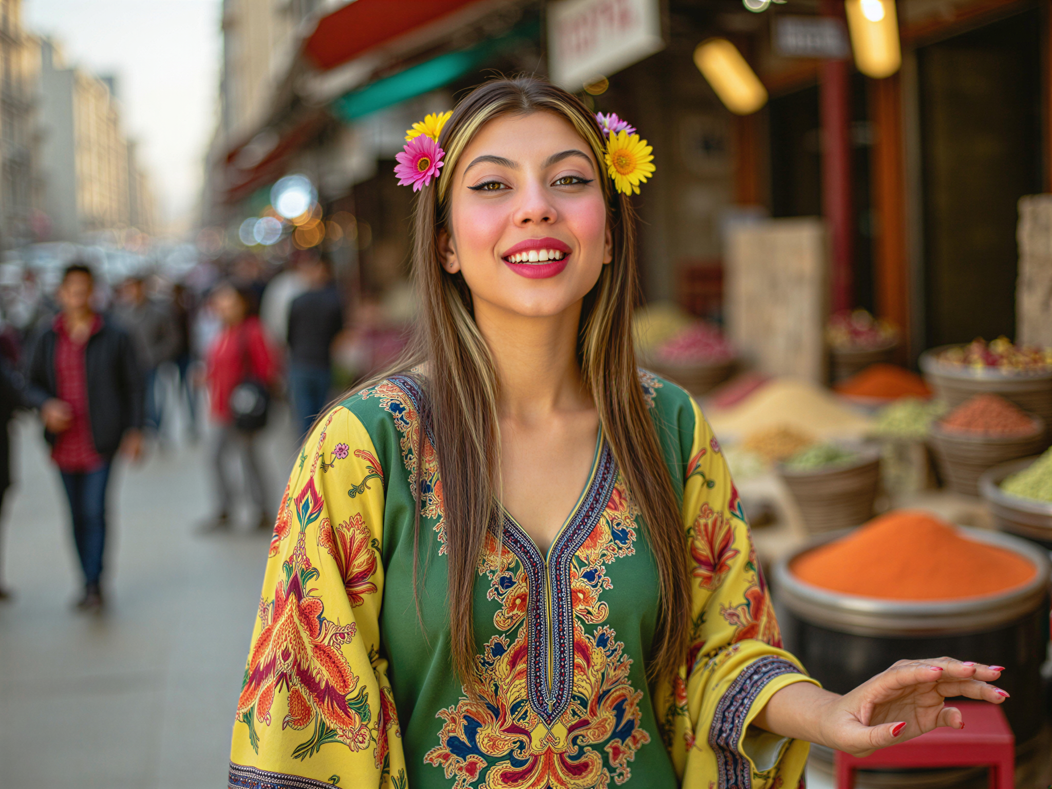 A vibrant outdoor portrait of a female individual, OD62S, aged 28, joyfully laughing in a bustling Delhi market. She wears a colorful, flowing kurti adorned with intricate patterns, embodying the essence of contemporary Indian fashion. Her hair is loosely braided, adorned with fresh flowers, capturing the rich culture of the city. The backdrop features vibrant street stalls filled with flowers and spices, reflecting the lively atmosphere. The warm golden hour sunlight bathes the scene, enhancing her radiant smile and projecting a mood of happiness and celebration. The image captures the joyful spirit of urban life in Delhi, evoking a sense of connection with culture and community.
