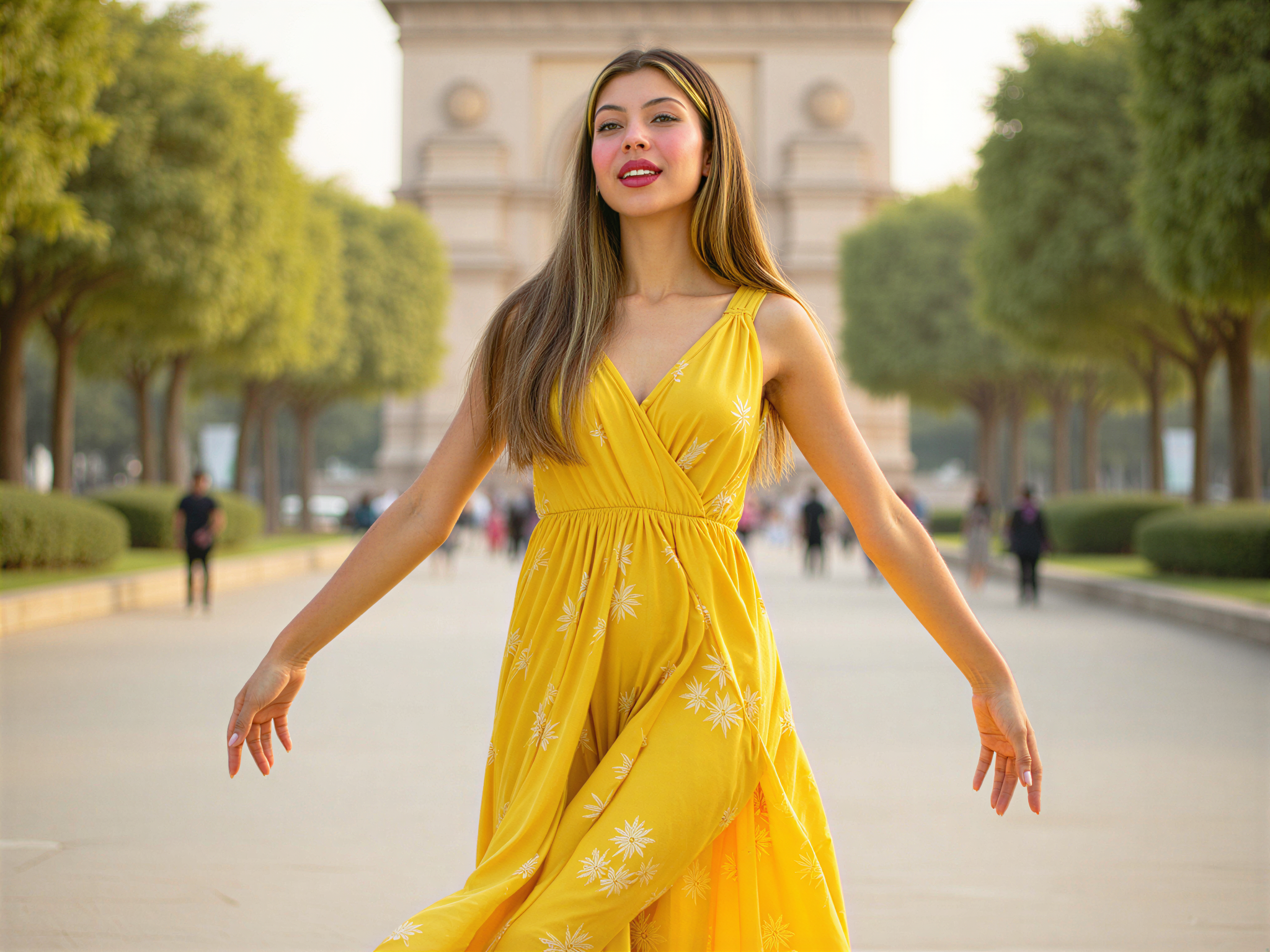A joyful female figure, OD62S, aged 28, is captured in an exuberant moment in front of India Gate in New Delhi. She wears a vibrant, flowing yellow maxi dress adorned with intricate floral patterns that dance in the breeze, embodying the spirit of celebration. Her hair cascades in soft waves down her back, highlighted by the warm golden sunlight filtering through the trees. With arms outstretched, she radiates happiness, showcasing a bright smile, creating a stark contrast with the solemn grandeur of India Gate behind her. The composition captures a perfect blend of cultural heritage and contemporary fashion, celebrating the beauty of joy and freedom in an iconic location. The lighting adds a warm glow, accentuating her cheerful demeanor, enhancing the overall feeling of happiness and excitement in the scene.