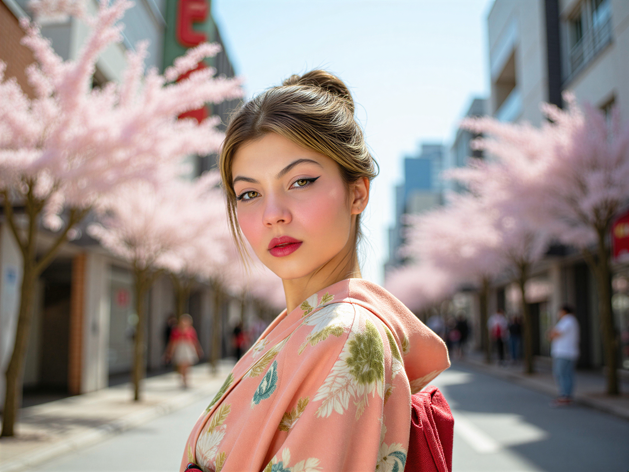 A joyful female, OD62S, aged 28, captured in a lively street scene in Osaka. She is wearing a vibrant kimono adorned with floral prints that flutter in the warm breeze. Her hair is styled in an elegant updo, decorated with traditional hairpins that glisten in the sunlight. The bustling backdrop features iconic Osaka architecture and cherry blossom trees in full bloom, under a clear blue sky. The composition radiates happiness and the vibrant energy of the city, inviting viewers into a moment of cultural celebration. The lighting casts a soft glow, enhancing the cheerful mood of her smile and the vivid colors of her outfit.