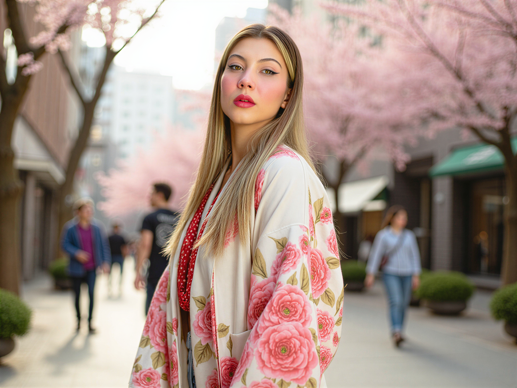 A radiant 28-year-old female figure, OD62S, embodies the essence of modern South Korea in a vibrant street scene. Dressed in a colorful hanbok featuring intricate floral patterns, she stands against a backdrop of bustling city life, with cherry blossoms blooming nearby. Her expression exudes happiness, captured through a joyful smile as she enjoys a sunny day in the lively streets of Seoul. Soft, diffused sunlight creates a warm, inviting atmosphere, enhancing her glowing features and the vivid colors of her attire. The composition balances energy and cultural appreciation, making this image both youthful and celebratory.
