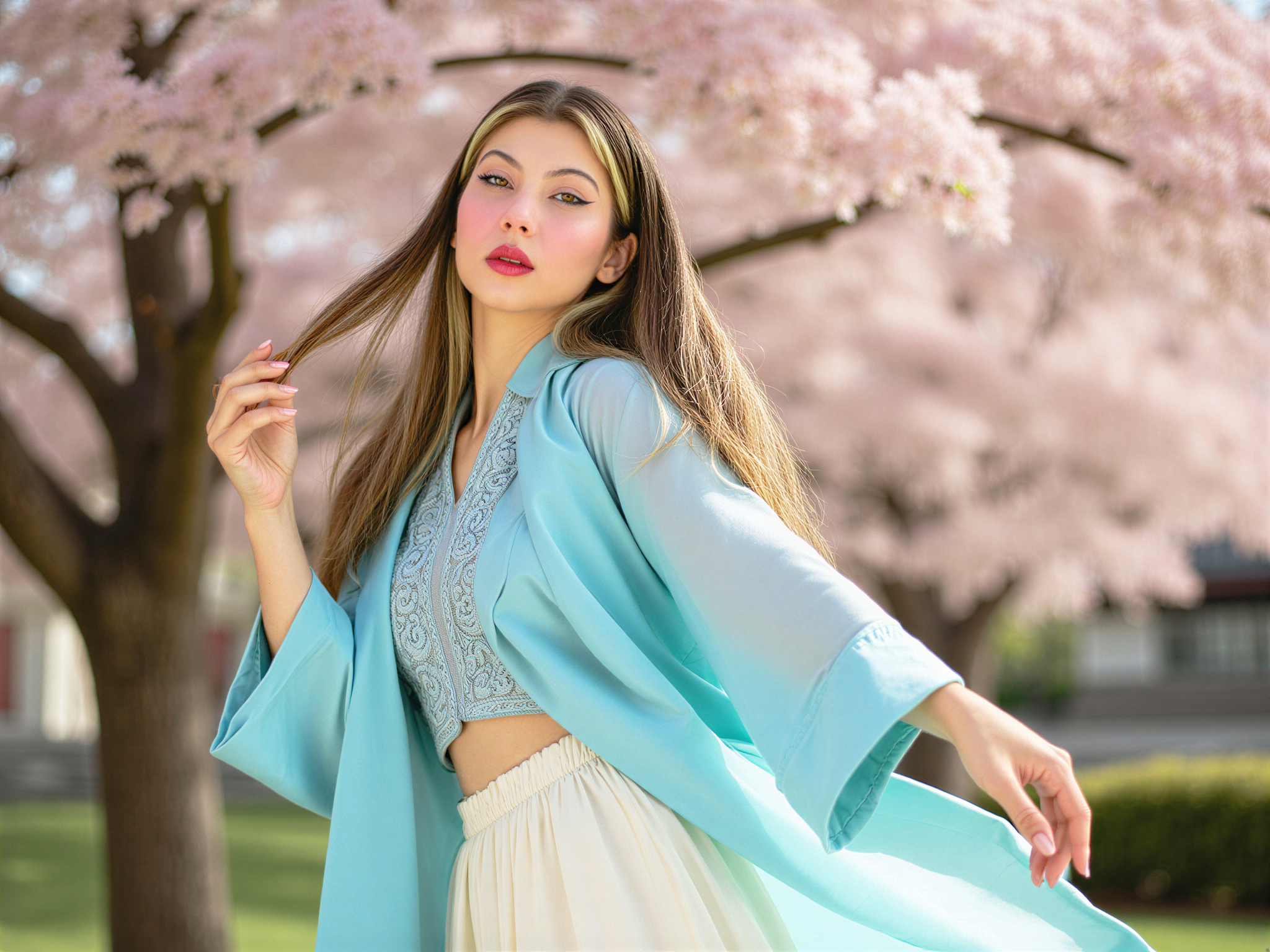 A joyful female figure, OD62S, aged 28, captured at Gyeongbokgung Palace in Seoul. She wears a modern twist on a traditional hanbok, featuring a vibrant sky-blue jeogori with intricate floral embroidery, paired with a flowing, ivory skirt that sways gently in the breeze. Her hair is elegantly styled in loose waves, adorned with delicate hairpins that reflect the sunlight. The backdrop showcases the majestic architecture of the palace, framed by blooming cherry blossoms in soft pinks, enhancing the scene's happiness. The sunlight bathes her in a warm glow, capturing her radiant smile as she looks playfully towards the camera, conveying the joy of cultural heritage and beauty.