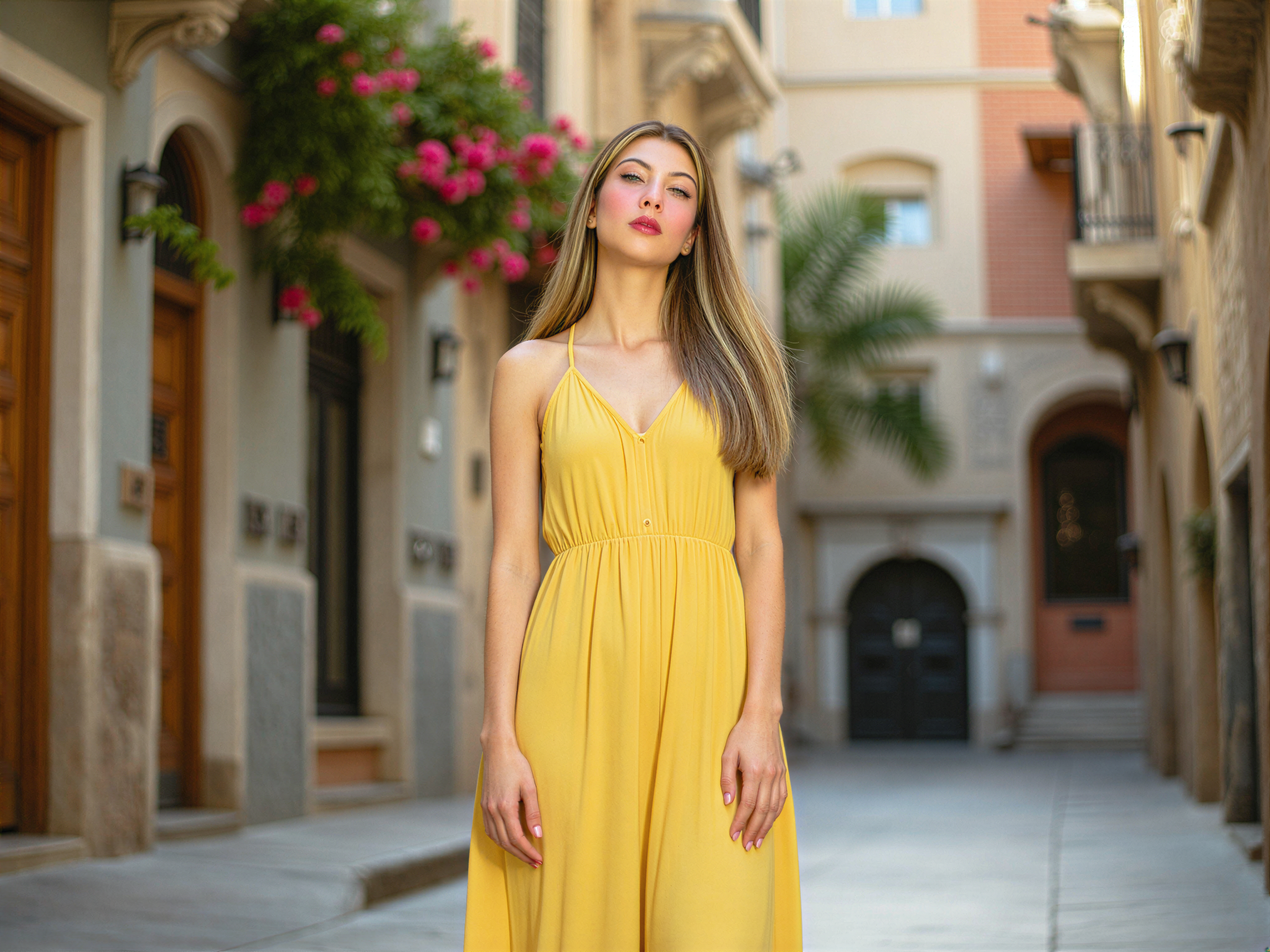A joyous female figure, OD62S, aged 28, standing in a vibrant Barcelona street, framed by the architectural wonders of Gaudí. She wears a flowing, sunlit maxi dress in shades of cerulean and sunflower yellow, capturing the city's eclectic energy. Her hair dances in the warm breeze, and her bright smile radiates happiness against the colorful backdrop of mosaic tiles and blooming bougainvillea. The scene is filled with golden hour light, casting a soft glow that enhances the joyous mood, portraying a perfect day in the heart of Barcelona, evoking a sense of freedom and delight in life's simple pleasures.