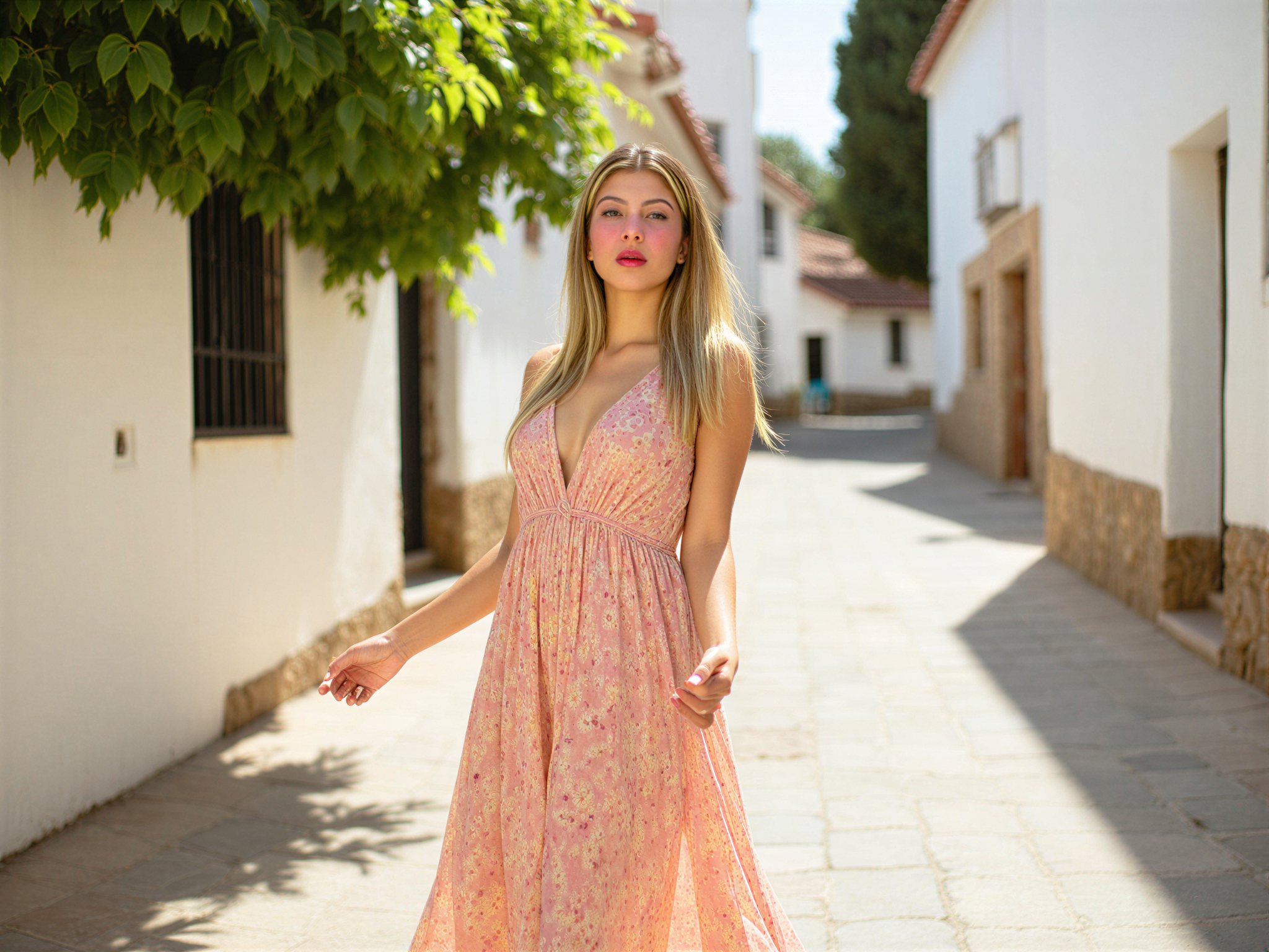A joyful female individual, OD62S, aged 28, captured in the sunlit streets of Albayzín, Granada, celebrating the vibrant essence of life. She wears a flowy, floral maxi dress that dances around her as she spins, basking in the warm light of the afternoon sun. The backdrop features the charming whitewashed buildings and cobblestone streets of Albayzín, with lush greenery spilling over the terracotta rooftops. Her hair is loose and windswept, adorned with a delicate flower crown, and her smile radiates happiness and freedom, embodying the spirit of the enchanting Andalusian neighborhood. The composition uses natural lighting to highlight her features, creating a dreamy, ethereal atmosphere, perfect for a fashion editorial.