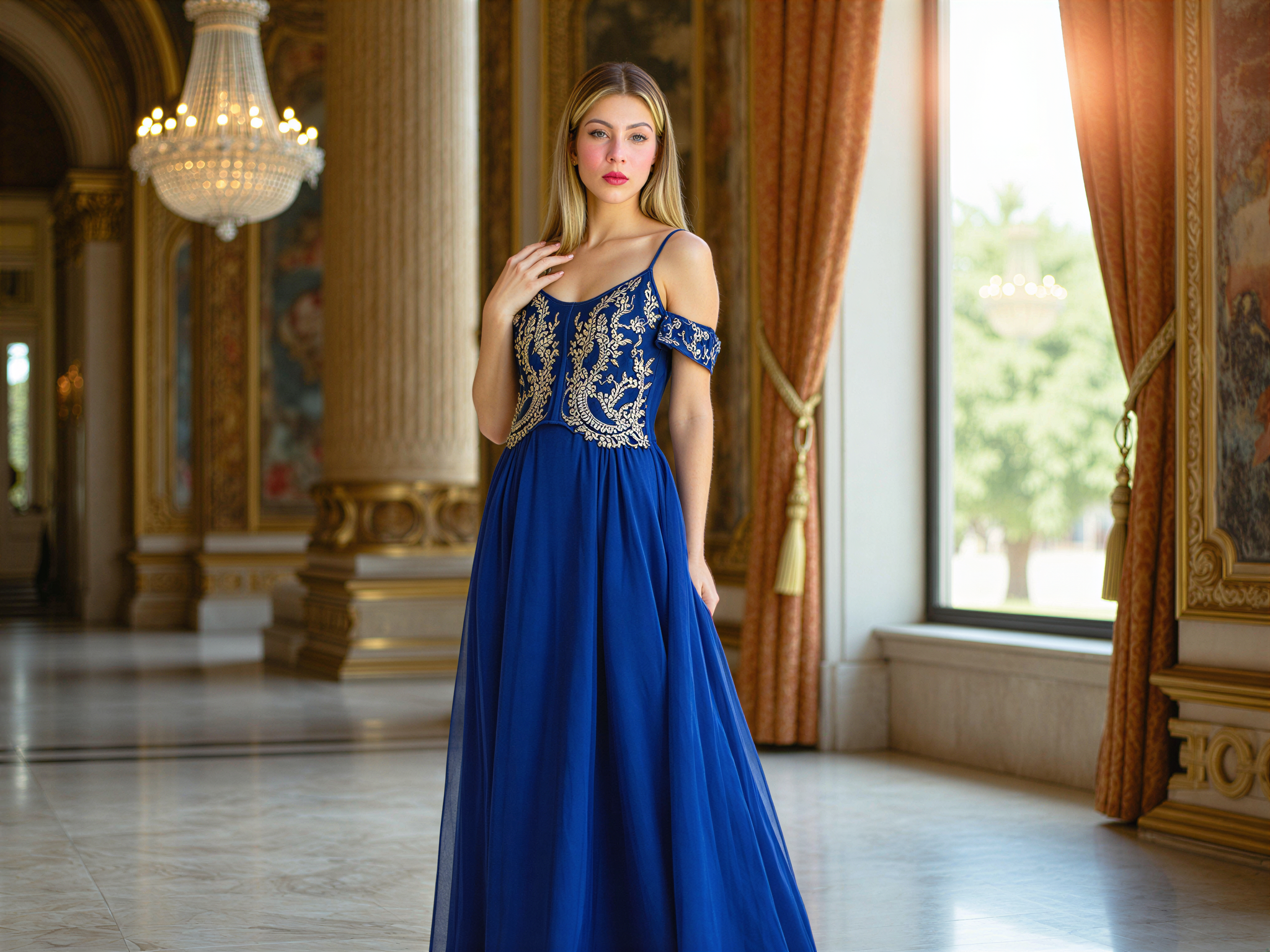 A radiant female, OD62S, aged 28, exuding royal charm in a lavish palace setting. Dressed in an elegant, flowing gown of deep royal blue chiffon with intricate gold embroidery, she stands gracefully beneath an ornate chandelier. The gown features a fitted bodice with delicate off-shoulder sleeves and a cascading train that softly mingles with the opulent marbled floor. Her hair is styled in loose, romantic waves adorned with small golden tiaras that glisten in the soft light. With a joyful expression and a warm smile, she gazes towards the grand window, where sunlight floods in, casting a golden hue upon her. Surrounding her are the intricate details of the palace: gilded mirrors and richly woven tapestries. The composition captures a harmonious blend of happiness and grandeur, embodying the essence of royalty in a modern yet classic narrative.