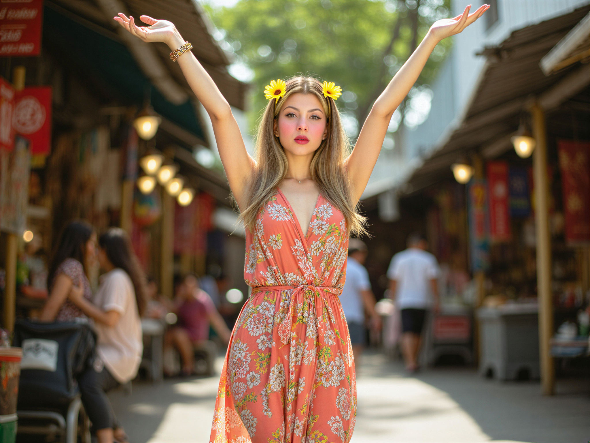 A joyful female figure, OD62S, aged 28, captured in a vibrant street scene in Bangkok. She wears a flowing, colorful maxi dress adorned with intricate floral patterns that sway gently with her movements. The backdrop is a bustling market filled with bright lights and vivid textiles, embodying the lively energy of the city. Her hair is styled in loose waves, adorned with fresh flowers for a playful, tropical touch. She stands with arms raised in celebration, exuding happiness and freedom, as soft, golden sunlight bathes the scene, creating an atmosphere of joy and exuberance. This hyper-realistic image captures the essence of adventure and happiness in a culturally rich setting.