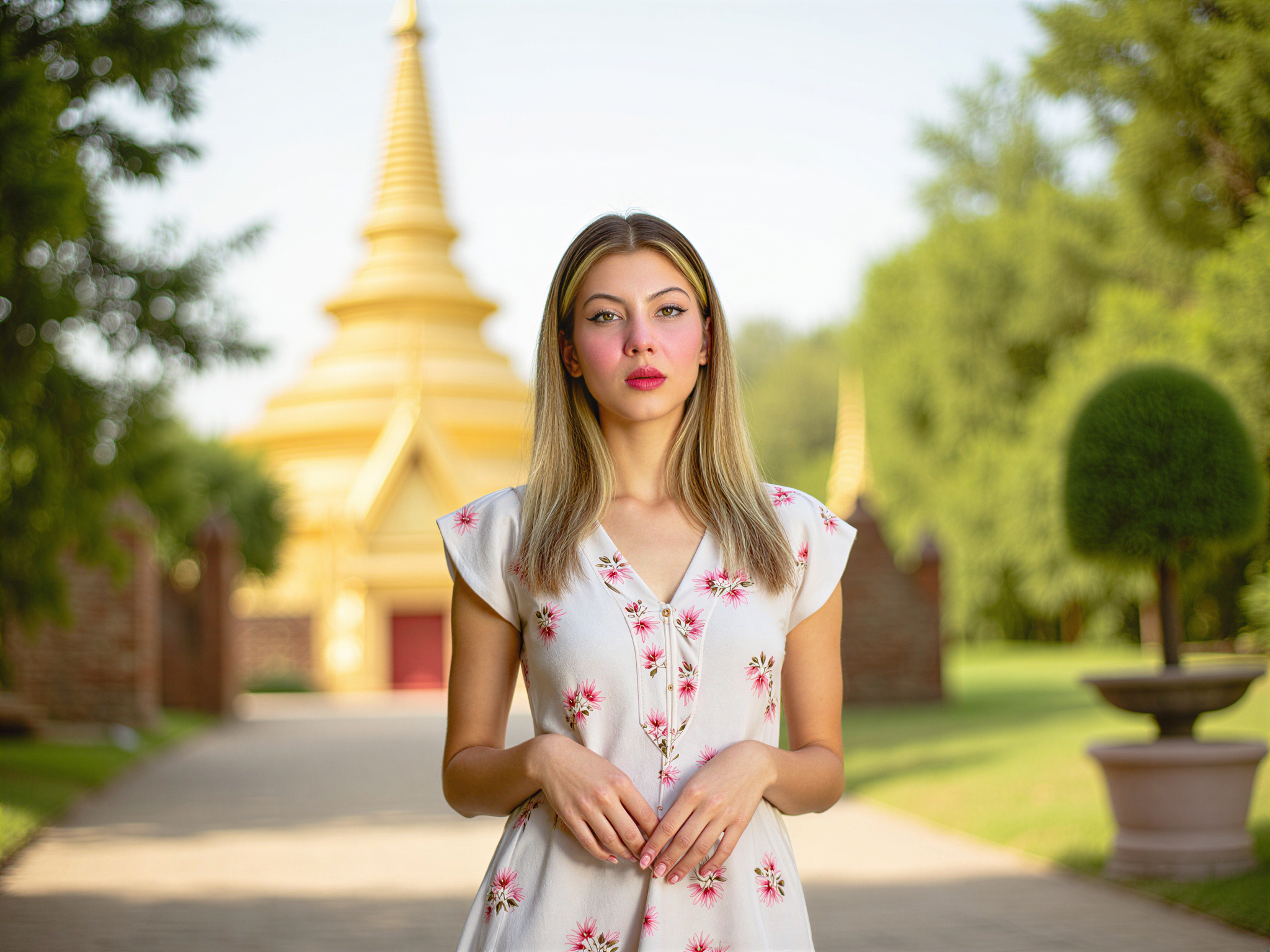 A joyful female, OD62S, aged 28, captured in a vibrant snapshot at Doi Suthep, Thailand. She stands gracefully in front of the stunning golden stupa, her flowing floral dress billowing gently in the warm breeze. The dress features soft pastel shades that complement the lush greenery surrounding her. With sunlight filtering through the trees, her expression radiates happiness, eyes sparkling with delight. The image is framed to showcase the intricate temple architecture in the background, with the subject centered, embodying cultural pride and blissful exploration. Soft, natural lighting enhances her warmth and the vibrant surroundings, evoking a sense of joy and serenity.