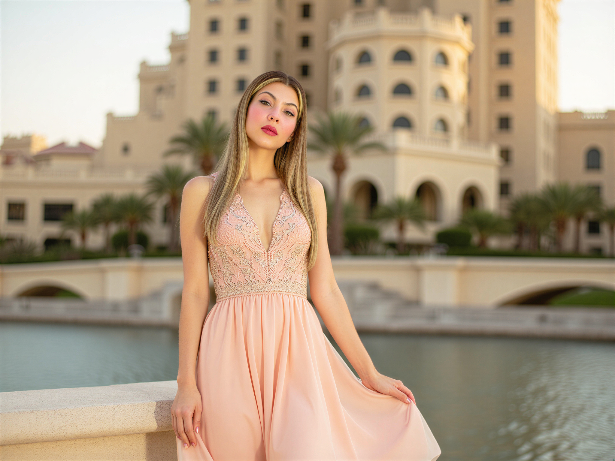 A joyful female individual, OD62S, aged 28, elegantly posing in front of the iconic Emirates Palace in Abu Dhabi. She wears a flowing, pastel-coloured gown adorned with intricate embroidery, capturing the lavish ambiance of the luxurious hotel. Bathed in the warm glow of golden hour, her radiant smile reflects the happiness of the moment, with the stunning architectural details of the palace serving as a magnificent backdrop. Gentle breezes lift the hem of her dress, adding a sense of movement as she embodies grace and joy amidst the grandeur.