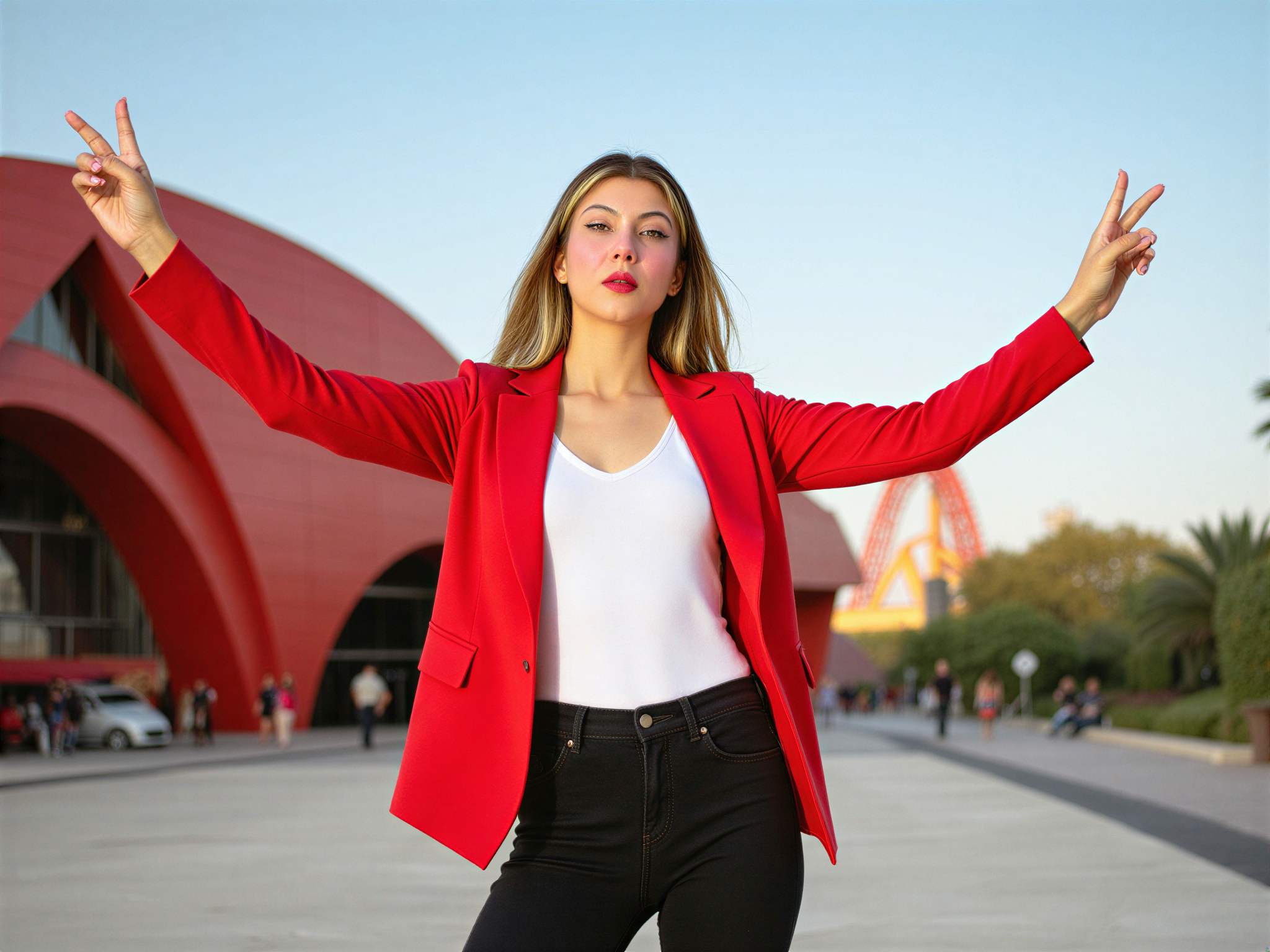 A vibrant and joyful female figure, OD62S, aged 28, standing amidst the exhilarating atmosphere of Ferrari World. She is wearing a stylish, sporty ensemble consisting of a fitted red racing jacket, white tank top, and sleek black jeans. Her hair flows freely in soft waves, reflecting the dynamic energy around her. The background features the iconic, bold architecture of Ferrari World, with colorful rides and attractions, all under a bright blue sky. She poses with arms raised in excitement, radiant with happiness, embodying a sense of freedom and adventure. The lighting is bright and cheerful, enhancing the festive mood of the scene.