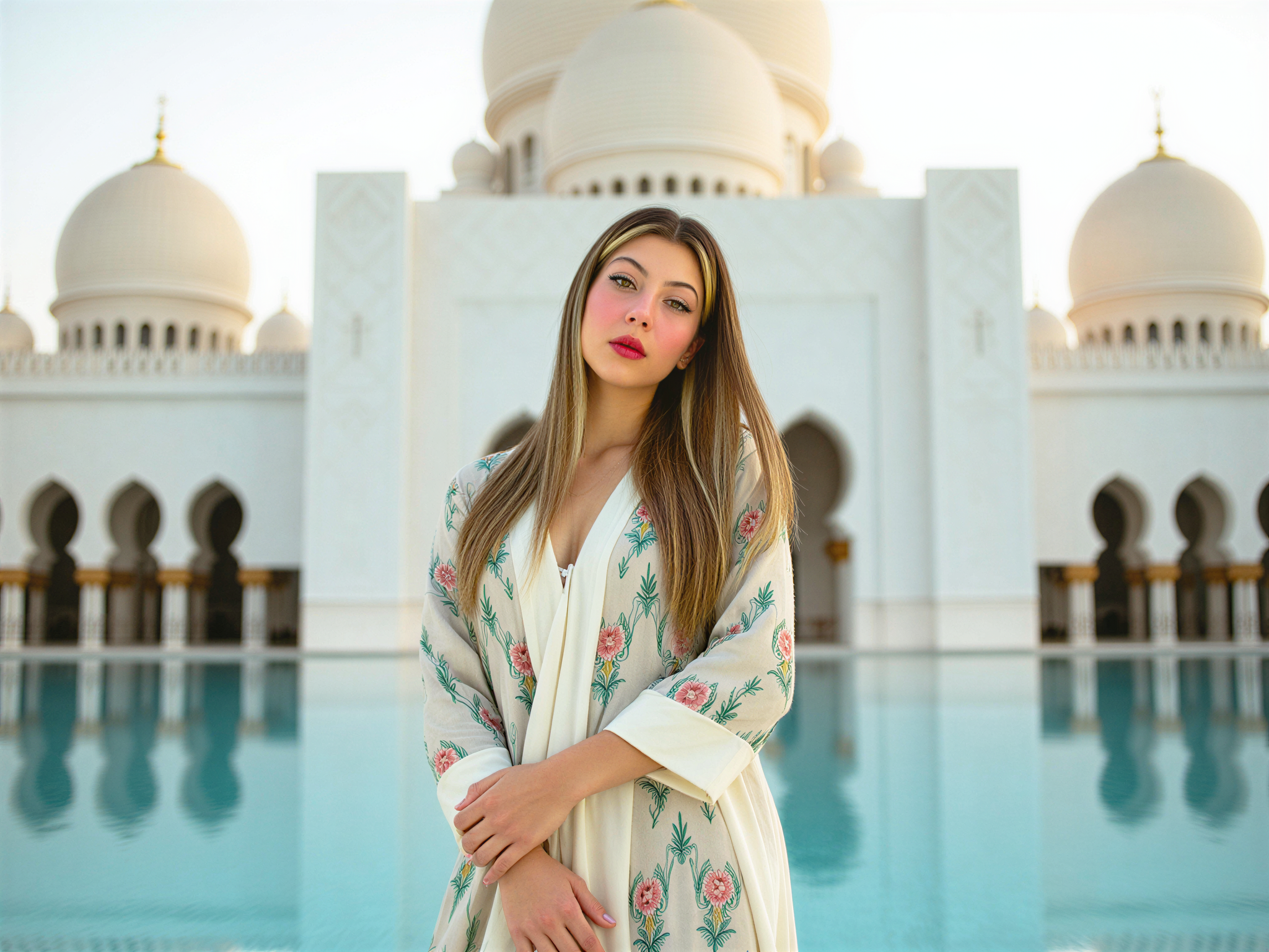 A joyous female, OD62S, aged 28, gracefully poses in front of the stunning Sheikh Zayed Mosque in Abu Dhabi. She is adorned in a flowing, elegant kaftan with intricate embroidery in shades of turquoise and gold, perfectly harmonizing with the mosque's majestic white marble architecture. The sunlight bathes her in a warm glow, highlighting her radiant smile and the delicate fabric of her attire. Her hair flows freely, adorned with subtle accessories that catch the light. The serene reflection of the mosque in the turquoise waters below lends a dreamy quality to the image. This enchanting scene captures the essence of happiness and cultural richness, inviting viewers to bask in the beauty of the moment.