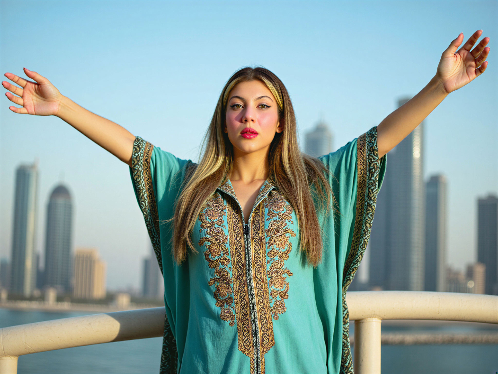 A joyful female figure, OD62S, aged 28, embodies the vibrant spirit of the UAE with a colorful, flowing kaftan adorned with intricate embroidery in shades of turquoise and gold. She is positioned in front of a stunning Dubai skyline, her arms outstretched in a gesture of celebration against a backdrop of soaring skyscrapers and a clear blue sky. Her wavy hair cascades over her shoulders, catching the sunlight, while her radiant smile reflects the happiness and warmth of Emirati culture. The image captures the essence of a sunny day, filled with optimism and cultural richness, evoking a sense of joy and freedom.
