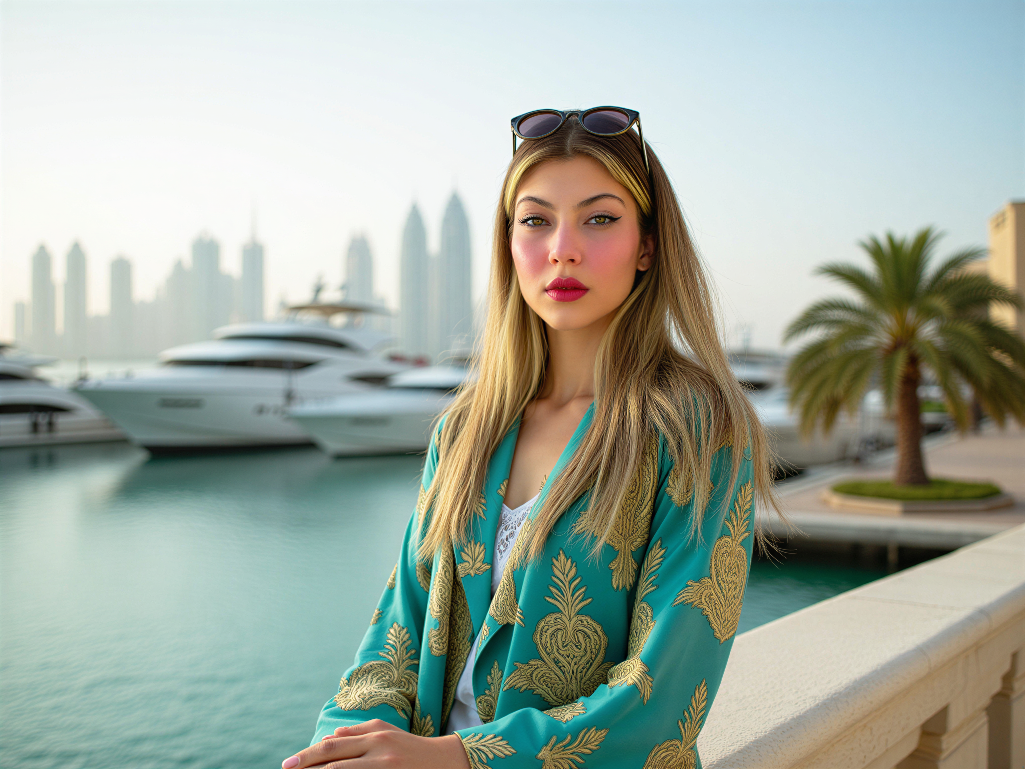 A joyful female figure, OD62S, aged 28, exudes happiness as she poses at the enchanting Dubai Marina. She is adorned in a flowing, vibrant kaftan made of lightweight chiffon, its bright turquoise and gold patterns capturing the essence of the Gulf sun. Her hair flows in soft waves, glistening under the golden rays, while oversized sunglasses rest atop her head. The background features the iconic skyline of Dubai, with yachts gliding through the water and palm trees swaying in the gentle breeze. The composition is framed to capture both the stunning architecture and the lively energy of the marina, magnifying her contagious joy in this luxurious setting.