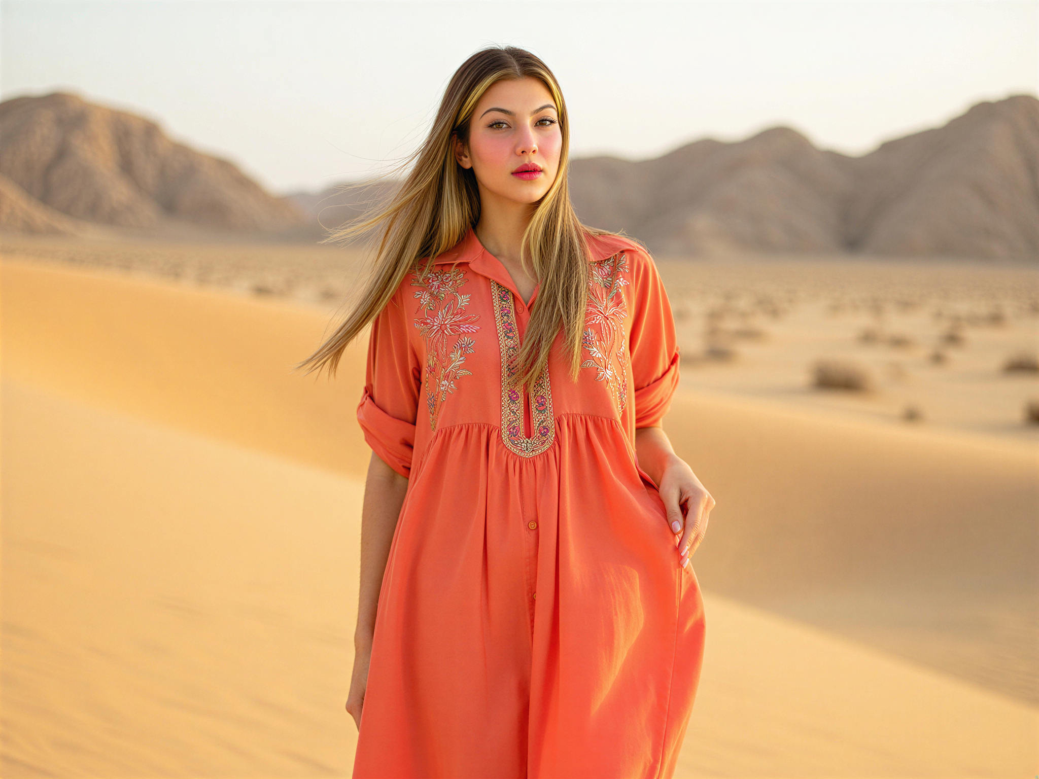 A vibrant portrait of a female individual, OD62S, aged 28, joyfully exploring the stunning landscapes of Ras Al Khaimah. She wears a flowing, lightweight summer dress in a coral hue that mirrors the sunsets of the desert, adorned with intricate embroidery. Her hair dances in the gentle breeze, framing her sun-kissed face as she smiles radiantly, embodying joy and freedom. The backdrop features the majestic Hajar Mountains and golden sand dunes, bathed in the soft glow of golden hour light, creating an atmosphere filled with warmth and happiness. The composition captures her spirit and connection to this beautiful locale, making it an unforgettable celebration of life and nature.