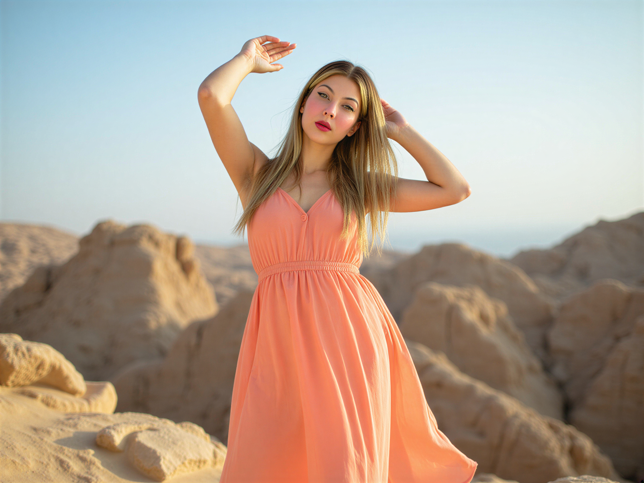 A joyful female individual, OD62S, aged 28, standing on the rocky peaks of Jebel Jais, the highest mountain in the UAE, basking in the golden sunlight. She is wearing a flowing, lightweight summer dress in soft coral chiffon, its skirt dancing in the breeze. Her hair is tousled by the wind, cascading in soft waves over her shoulders. With her arms raised in exuberance, she embodies the spirit of freedom, happiness radiating from her smile. The breathtaking mountain backdrop, dotted with rocky crags and deep blue skies, enhances the sense of adventure and natural beauty. The composition captures the vibrant energy of the moment, illuminated by the warm glow of the sun in a bright and uplifting atmosphere.