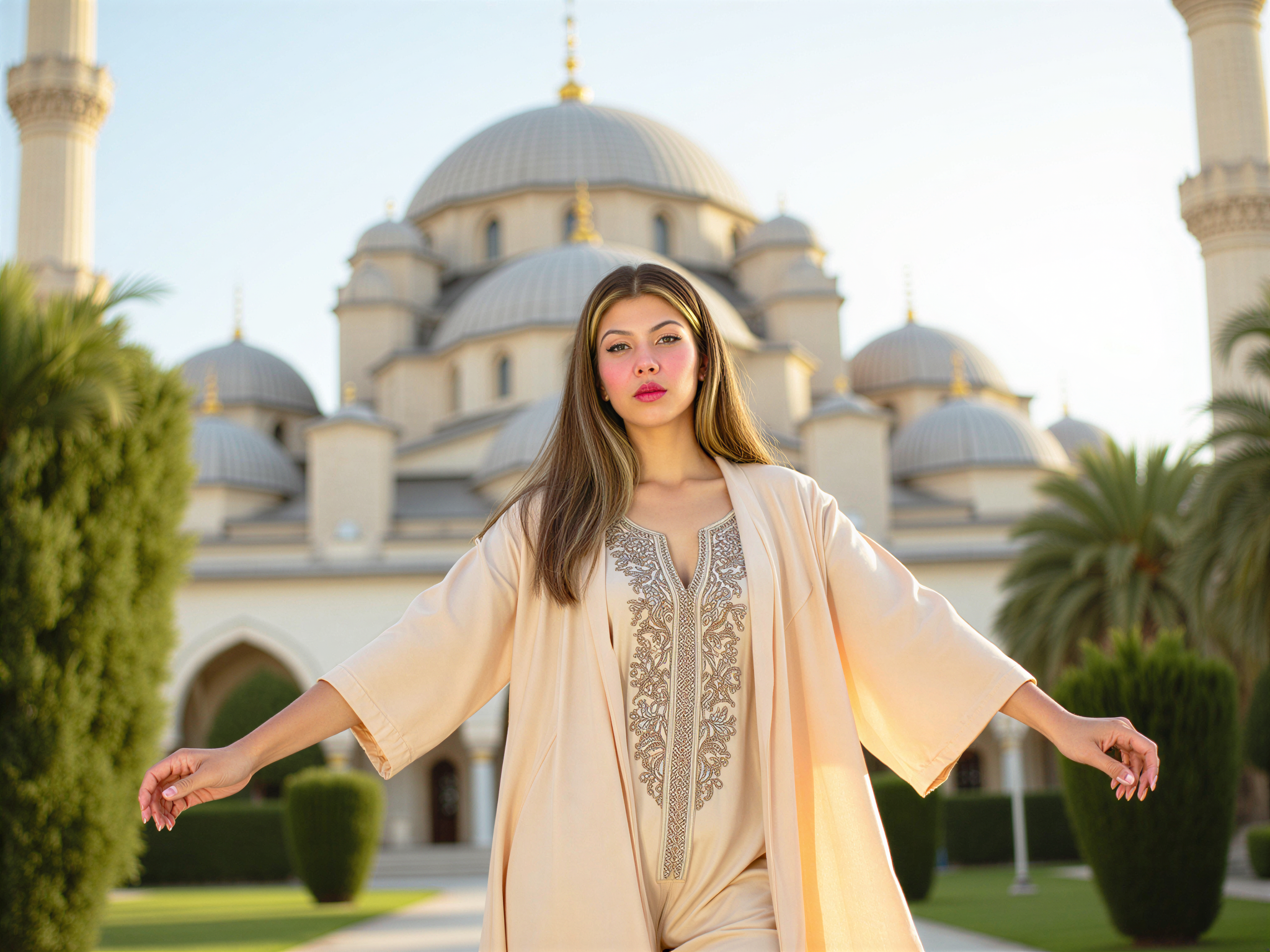 A joyful female figure, OD62S, aged 28, standing gracefully in front of the majestic Al Noor Mosque. Dressed in a flowing, pastel-colored abaya adorned with intricate embroidery, she embraces the architectural beauty of the mosque with its stunning domes and minarets in the background. Sunlight bathes the scene, enhancing her radiant smile and illuminating her gleaming eyes as she poses with arms outstretched, embodying happiness and serenity. The setting features lush greenery surrounding the mosque, creating a harmonious blend of culture and nature, captured in a vibrant, photorealistic style.