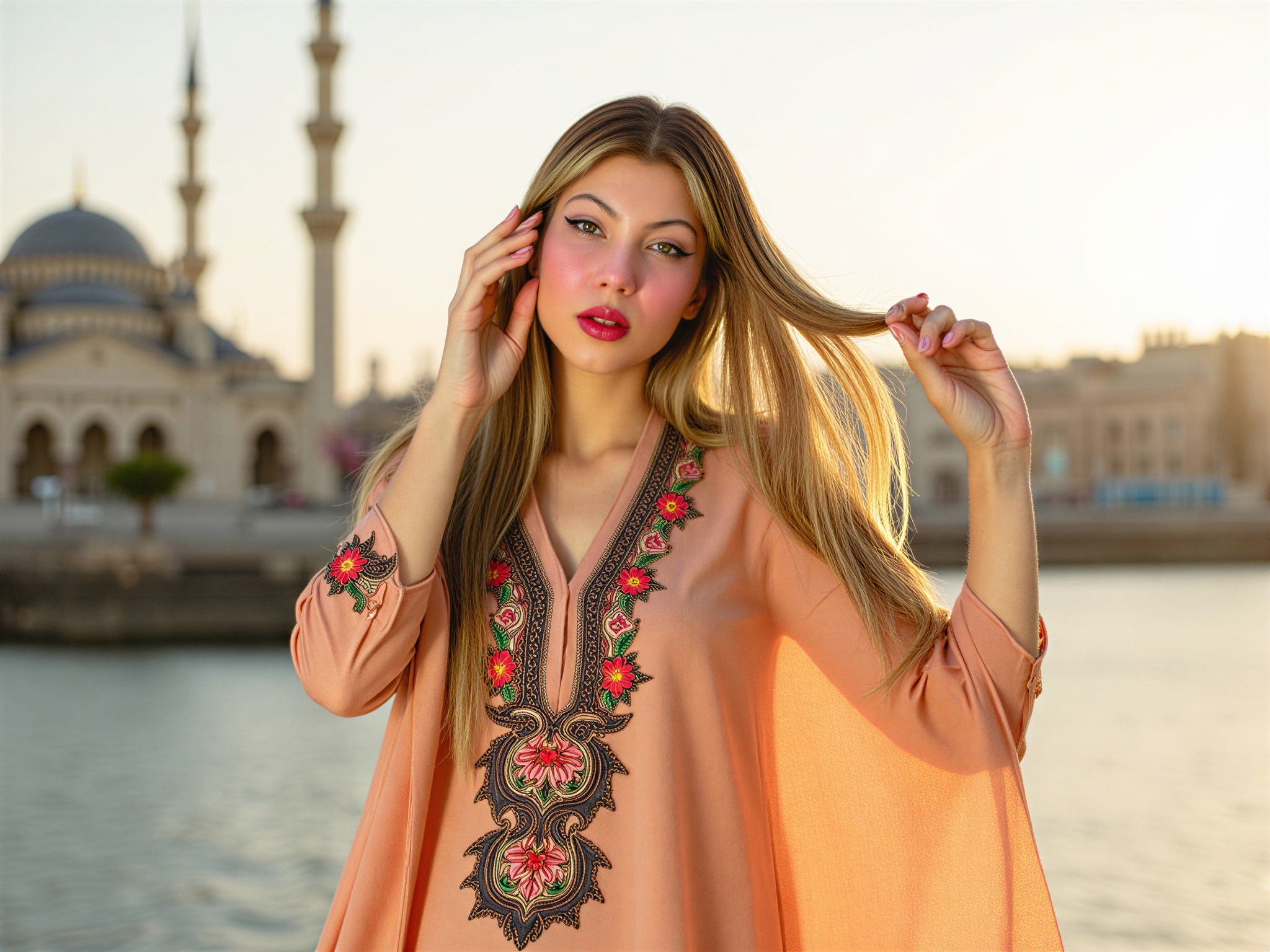 A joyful female figure, OD62S, aged 28, radiating happiness in the vibrant heart of Sharjah. She wears a flowing, colorful kaftan adorned with intricate embroidery, perfectly capturing the rich cultural heritage of the UAE. The setting features the stunning architecture of Sharjah's landmarks, such as the Al Majaz waterfront and the majestic mosque in the background. Sunlight bathes the scene, creating a warm, golden hour glow that enhances her smile and sparkling eyes, encapsulating a moment of pure bliss amid the bustling city. The pose is dynamic, one hand playfully brushing her hair back, the other lifted as if inviting the viewer to share in her joy. This image conveys happiness and cultural celebration, making it a perfect representation of life in Sharjah.