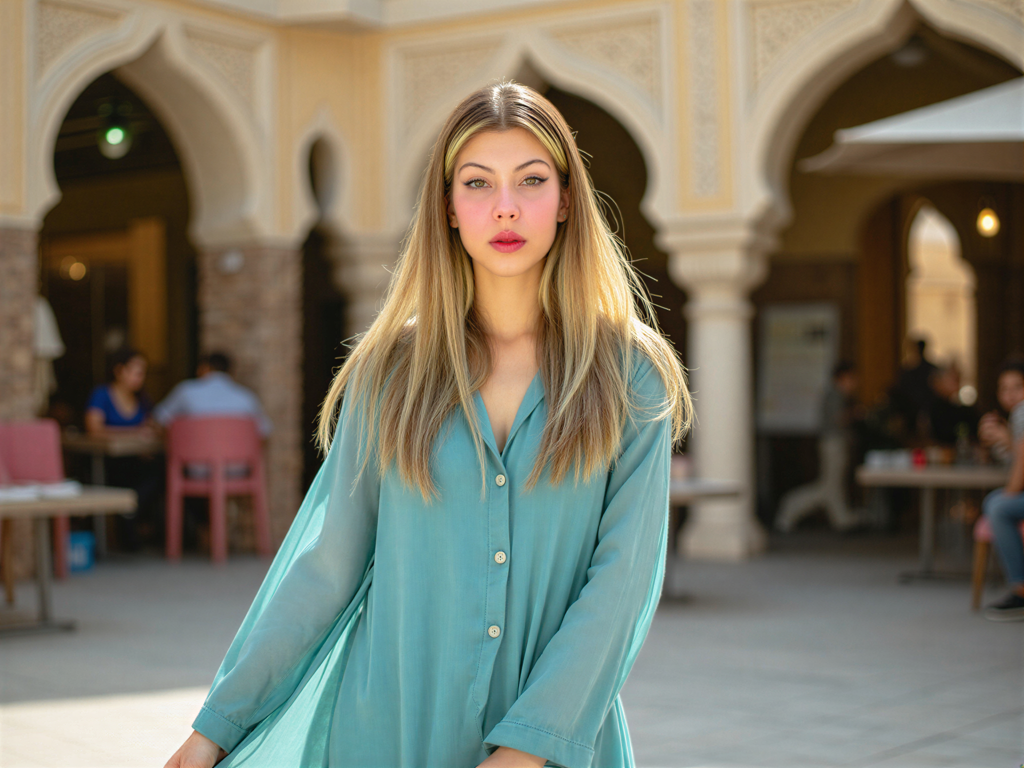 A joyful female figure, OD62S, aged 28, captured in the vibrant Heart of Sharjah. She dons a flowing, ethereal maxi dress in shades of azure and gold that reflects the rich culture of the region. Her hair cascades in loose waves, kissed by the sun's warm glow, and she wears a radiant smile that embodies happiness. The background showcases the stunning traditional architecture of Sharjah, with intricate details and vibrant market life that add depth to the composition. Soft, warm lighting enhances her joyful expression, creating a captivating portrait that celebrates both the beauty of the subject and the cultural richness of the setting.