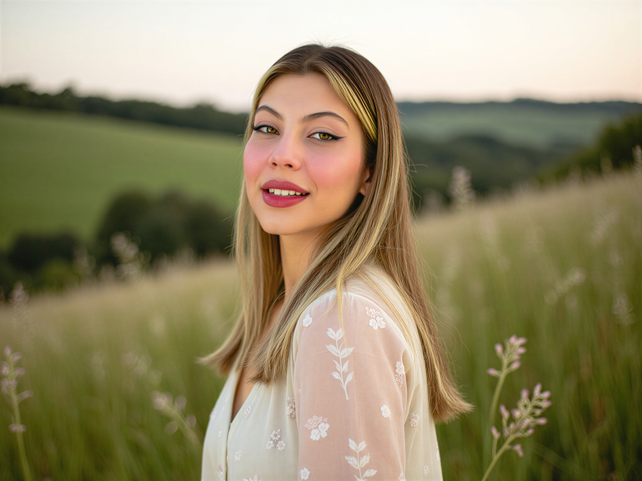 A joyful female individual, OD62S, aged 28, radiating happiness as she poses amidst the lush greenery of a picturesque UK countryside. She is dressed in a light, flowing sundress adorned with delicate floral prints, which accentuates her carefree spirit. Her hair cascades in soft waves, and she wears a radiant smile that highlights her sparkling eyes. The background features gently rolling hills and wildflowers under the soft glow of a golden hour sun, capturing a whimsical and serene moment. The overall composition embodies a sense of joy and tranquility, showcasing the beauty of nature and a carefree lifestyle in a charming UK setting.