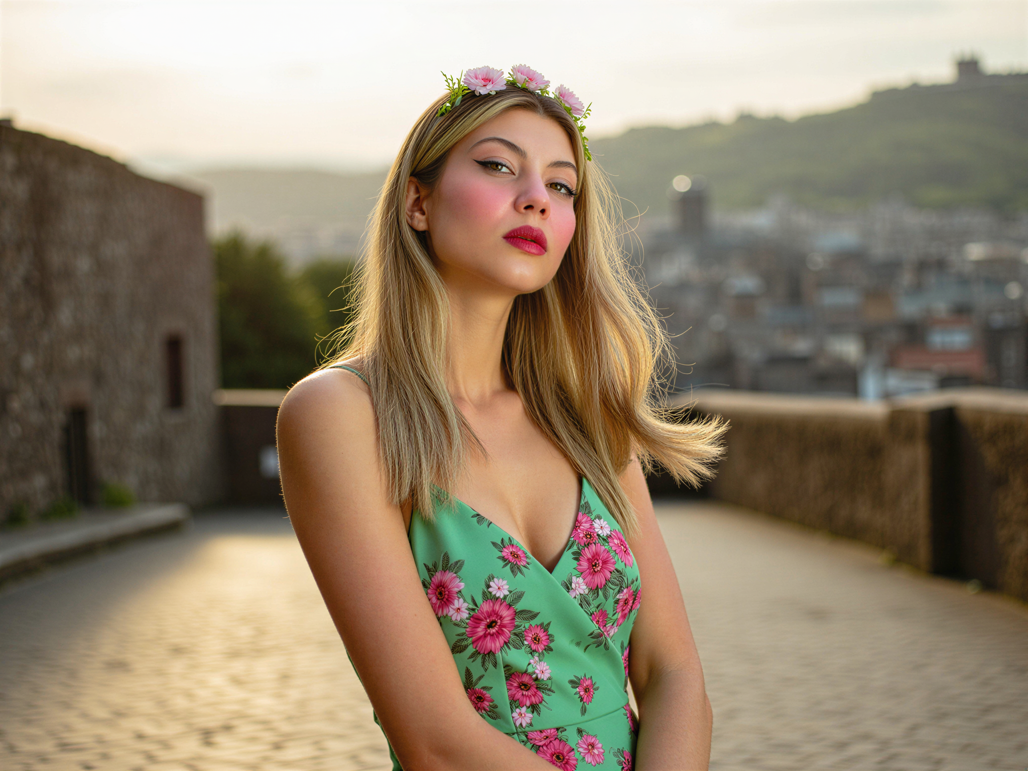 A joyful female, OD62S, aged 28, captured in the enchanting streets of Edinburgh. She is dressed in a bright, floral midi dress that dances with the light breeze, reflecting vibrant hues of fuchsia and emerald green. Her hair cascades in soft waves, adorned with a delicate flower crown. The backdrop features the stunning Edinburgh skyline, with its historic architecture and rolling hills, bathed in golden hour light. Her radiant smile and sparkling eyes convey pure happiness, evoking a sense of wanderlust and the carefree spirit of a summer day in Scotland. The composition is dynamic, framed by the charming cobblestone streets and the majestic Edinburgh Castle in the distance, creating a captivating image filled with warmth and joy.