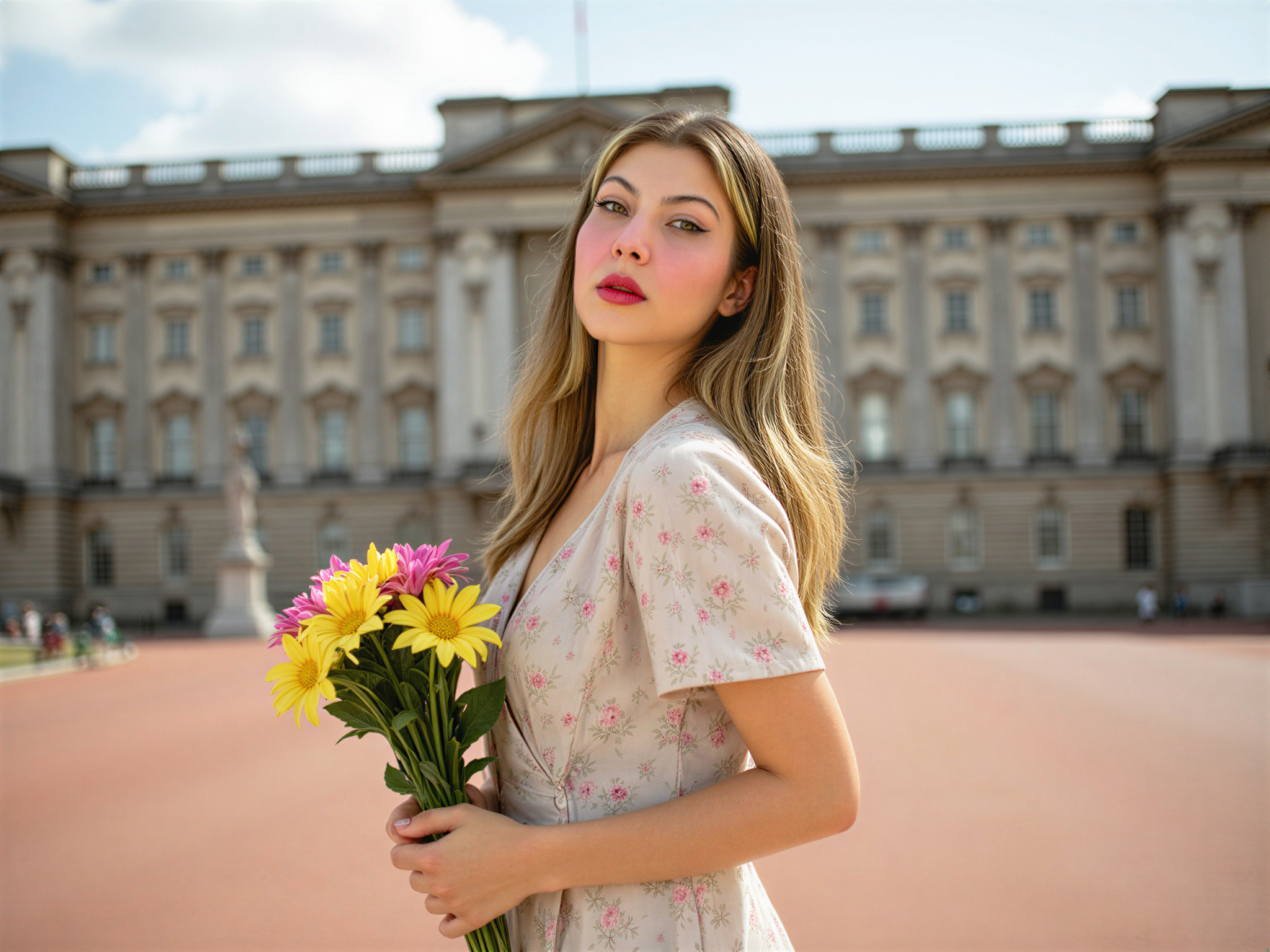A joyous female figure, OD62S, aged 28, smiling radiantly in front of Buckingham Palace. She wears a pastel-colored, flowing summer dress adorned with floral patterns, elegantly complementing the grand architectural backdrop. The sun casts a warm glow, enhancing her joyful expression and creating soft shadows. Her hair flows in gentle curls, catching the sunlight. In her hand, she holds a bouquet of vibrant wildflowers, symbolizing her happiness. The atmosphere is light and celebratory, evoking a sense of wonder as she stands in this iconic location, perfectly blending fashion and emotion in a vibrant, photorealistic image.