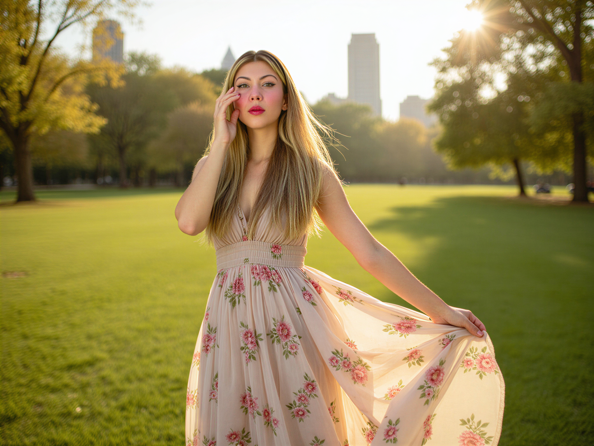 A joyful female figure, OD62S, aged 28, captured in a vibrant setting in Central Park during golden hour. She wears a flowing, floral maxi dress with soft layers of chiffon, the colors reminiscent of a spring meadow. The sunlight filters through the trees, casting dappled shadows on her radiant face, which is illuminated by her beaming smile. Her hair dances in the gentle breeze, while she playfully spins, her dress swirling around her like a blooming flower. The background showcases the iconic scenery of Central Park, with lush greenery and the distant silhouette of urban architecture, creating a perfect contrast that embodies the exuberant spirit of city life. The overall mood is one of pure happiness and freedom, evoking a sense of blissful luxury. The image intends to celebrate the joy of life within the bustling beauty of nature and urban life.