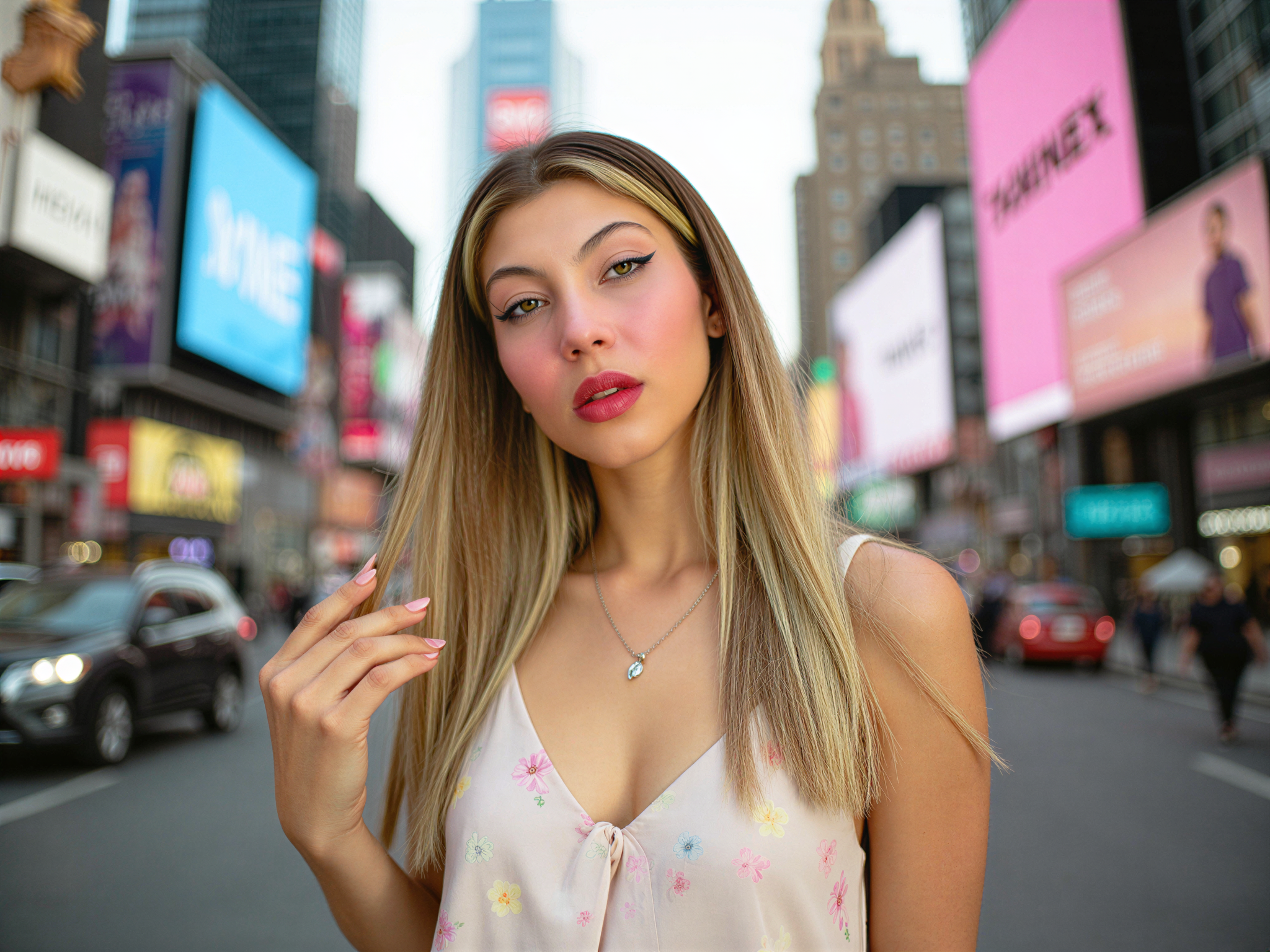 A vibrant and joyful portrait of a female individual, OD62S, aged 28, captured in the bustling energy of Times Square. She wears a chic summer outfit featuring a light pastel sundress with delicate floral patterns that dance in the breeze. Her hair flows freely, illuminated by the bright neon lights surrounding her. With a broad, carefree smile, she embodies the spirit of adventure and happiness, as the dynamic cityscape swirls around her. The image captures the kaleidoscopic reflections of the digital billboards, creating a lively backdrop that enhances her radiant joy, ensuring the moment feels both timeless and contemporary in its excitement. The composition utilizes a shallow depth of field to softly blur the background while keeping her vibrant expression in sharp focus, emblematic of a joyful urban escapade.