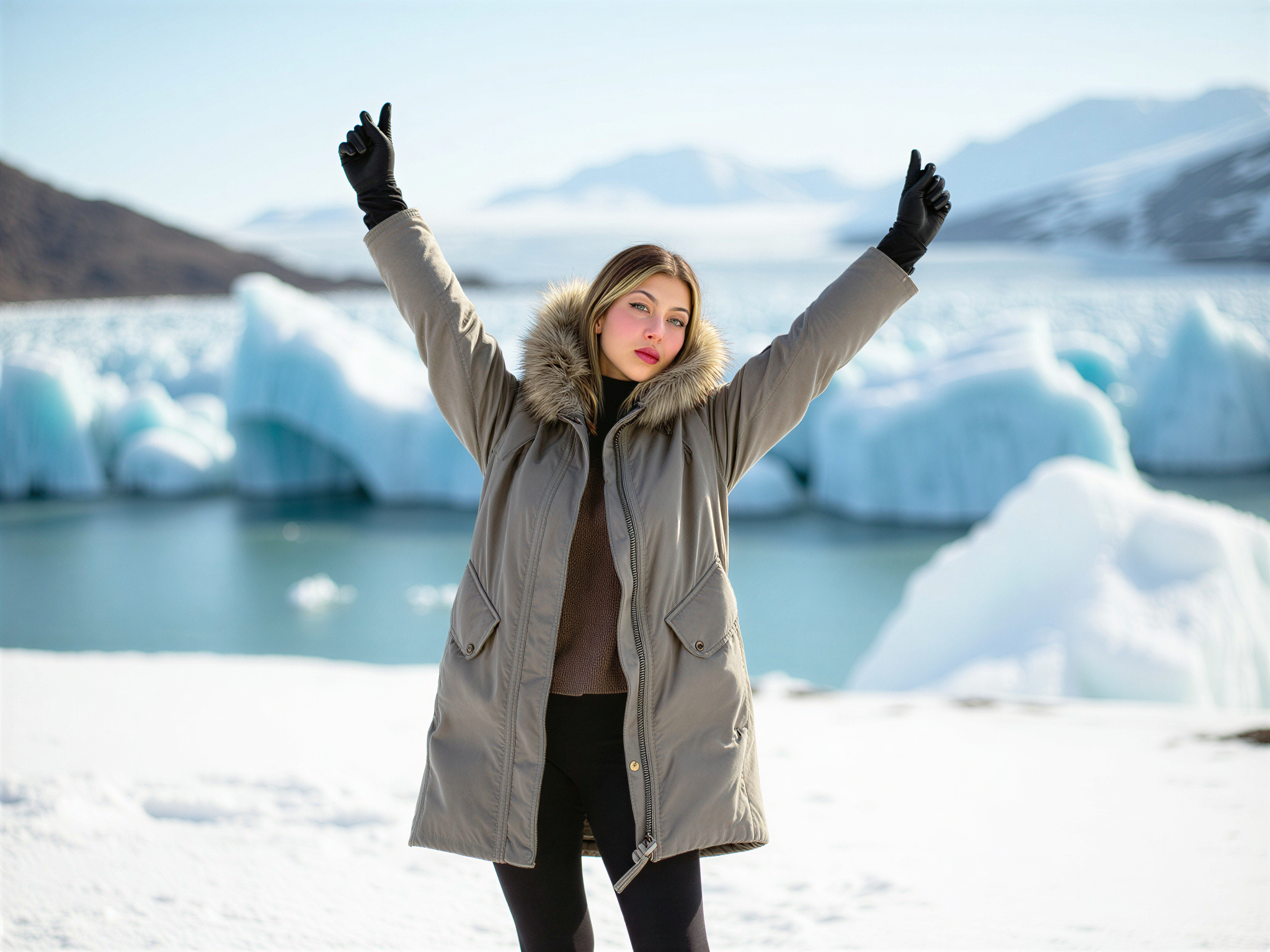 A joyful female explorer, OD62S, aged 28, donned in a chic, insulated parka with faux fur trim, navigating the stunning Arctic landscape. She stands against the breathtaking backdrop of icy glaciers and shimmering blue ice, her smile radiant against the white expanse. Complementing her outfit, she wears thermal leggings and stylish snow boots, embodying both fashion and function. The sunlight reflects off the snow, enhancing the scene's unique textures. Her pose, arms raised triumphantly, embodies the spirit of adventure and exploration, evoking a sense of happiness amidst the raw beauty of the Arctic. The image captures a dynamic, photorealistic moment celebrating both nature's grandeur and the thrill of exploration.