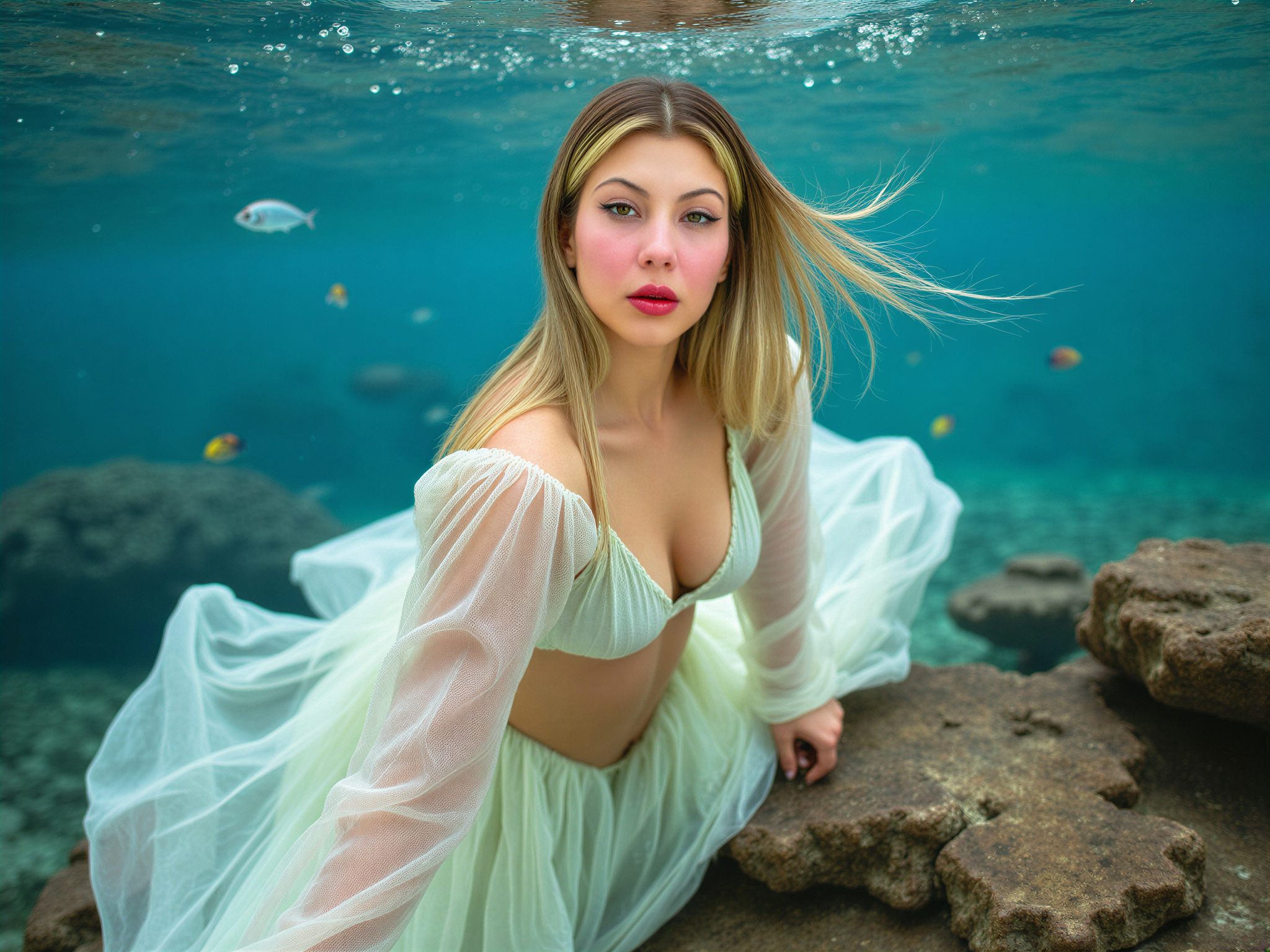 A joyful female figure, OD62S, aged 28, immersed in a vibrant underwater world. She is adorned in a flowing, iridescent gown made of chiffon that billows gracefully around her, reminiscent of coral reefs. Her hair floats like tendrils of seaweed, glimmering in the sunlight filtering through the surface. The scene is alive with colorful fish and delicate marine flora, creating an enchanting and serene atmosphere. The composition captures the exuberant essence of the ocean, highlighting the freedom and happiness of being one with nature in a hyper-realistic style, with soft, diffused lighting enhancing the tranquil beauty of the underwater adventure.