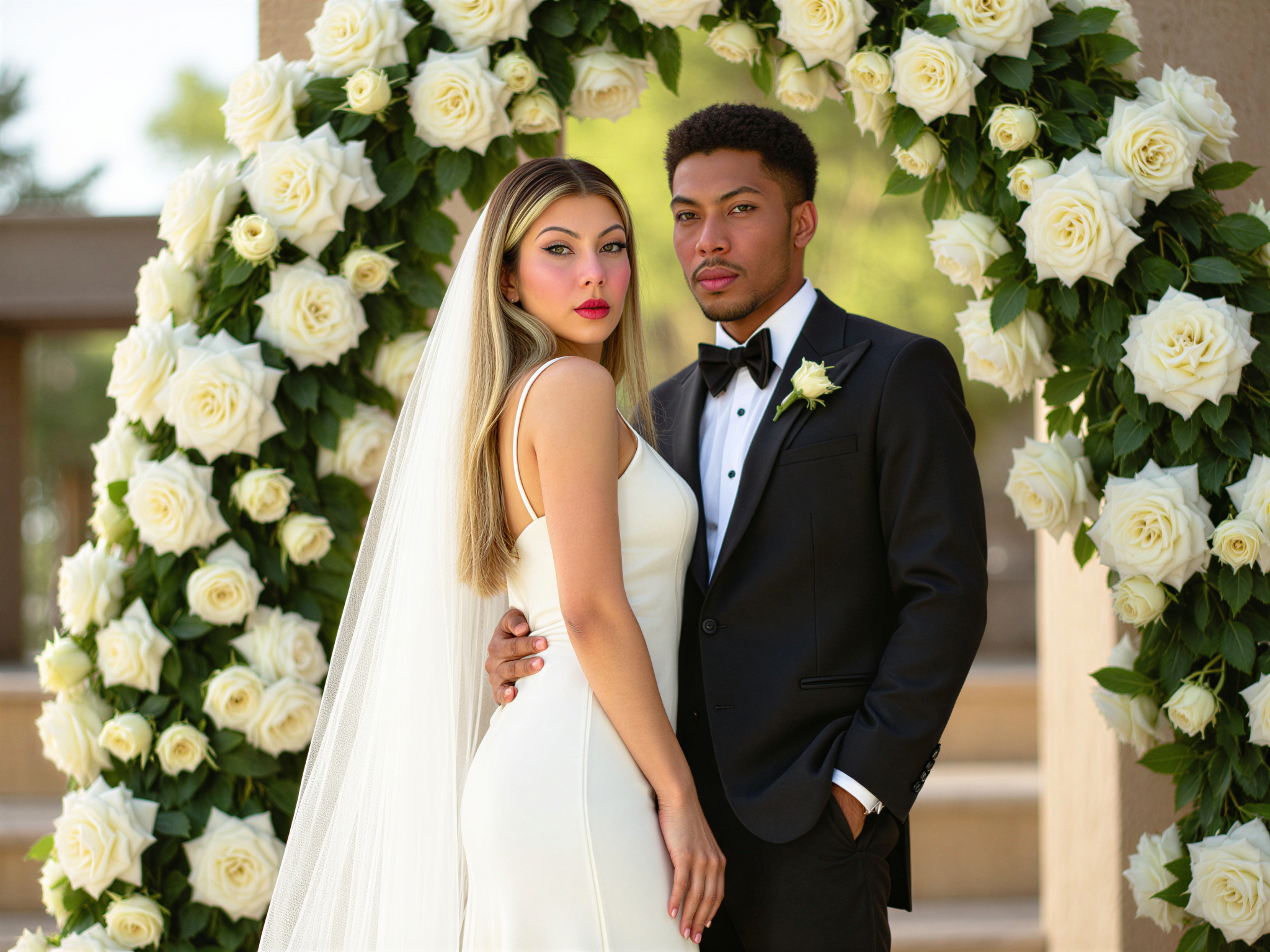 Bride and groom posing elegantly in front of a floral arch adorned with white roses, showcasing a romantic wedding aesthetic.