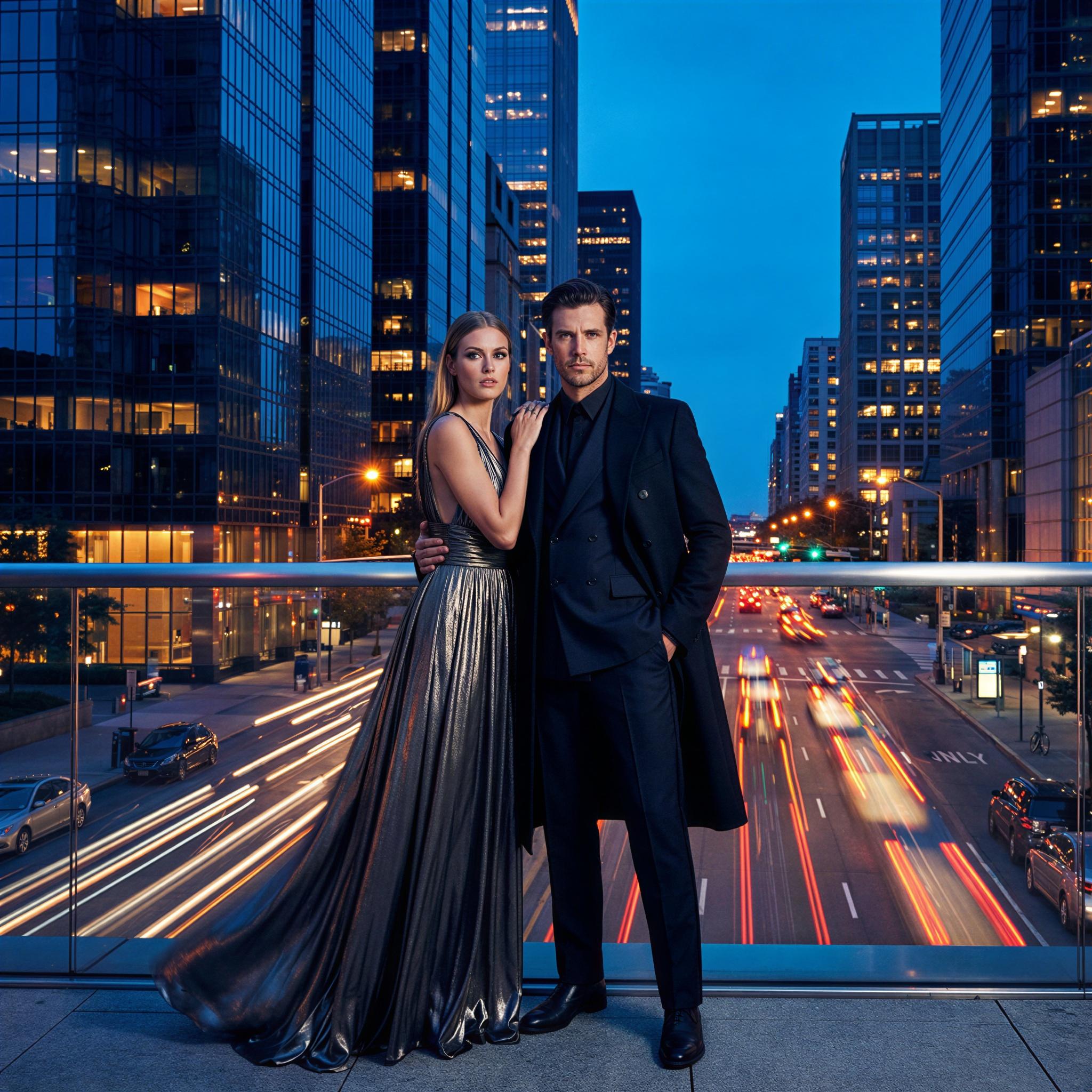 Vogue editorial style couple photography, vibrant high-rise cityscape backdrop at twilight, dramatic long exposure light trails, confident and elegant posing, composition emphasizing modern architecture, cool blue ambient light mixed with city glow, high fashion editorial quality, urban romantic atmosphere