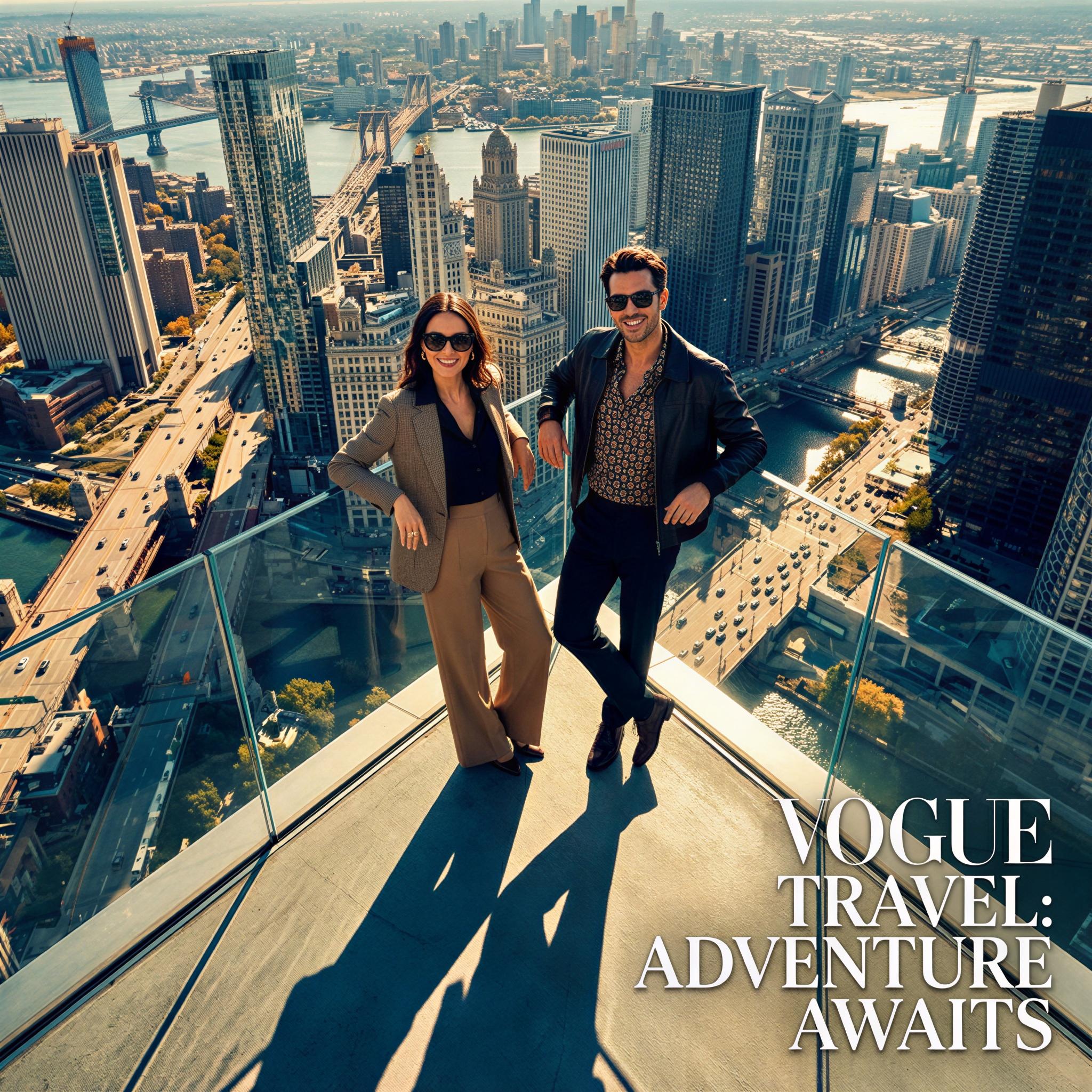 Vogue editorial style, high-angle cityscape travel photography, dramatic midday sun casting defined shadows, stylish couple leaning against glass railing overlooking metropolis, confident and adventurous mood, wide-angle composition, professional fashion quality, vibrant color grading