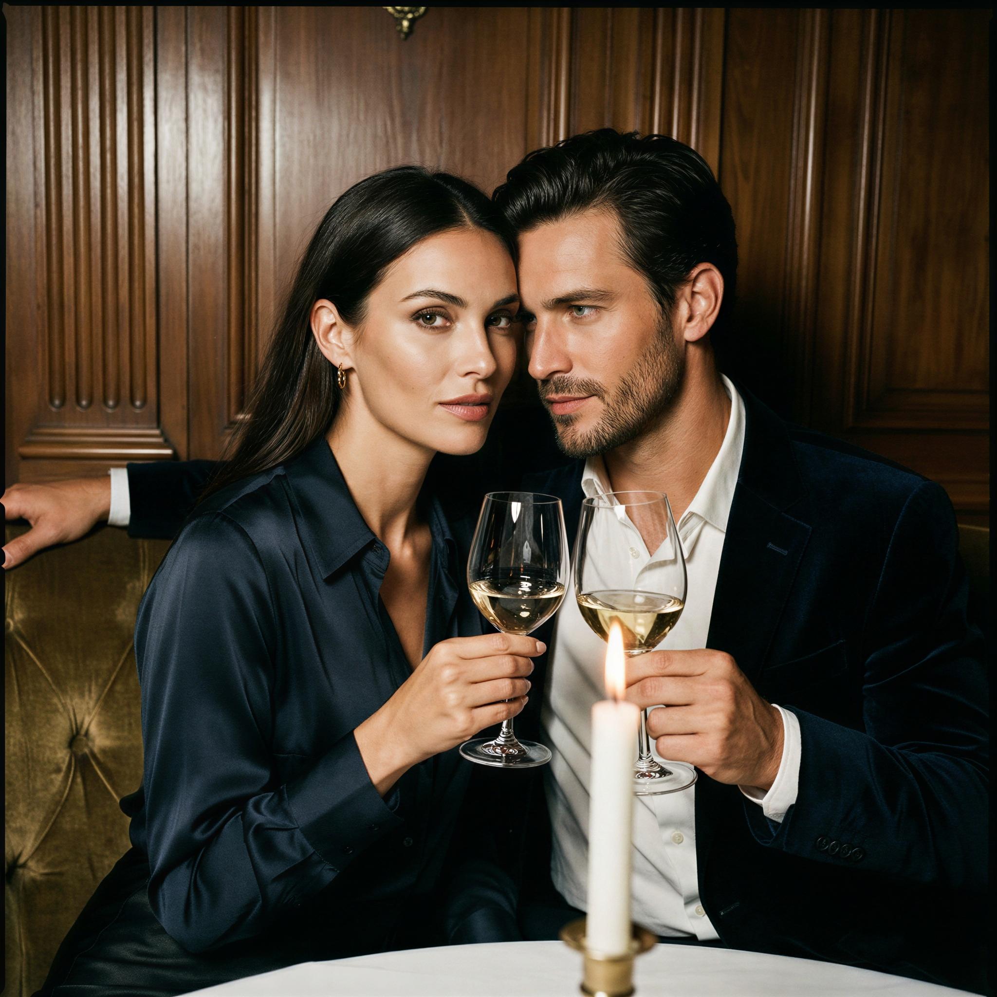 Vogue editorial style couple photography, dimly lit upscale restaurant table, dramatic chiaroscuro lighting with candlelight glow, intimate close-up shot, shared elegant moment over wine glasses, sophisticated confident mood, shallow depth of field, high-resolution fashion editorial