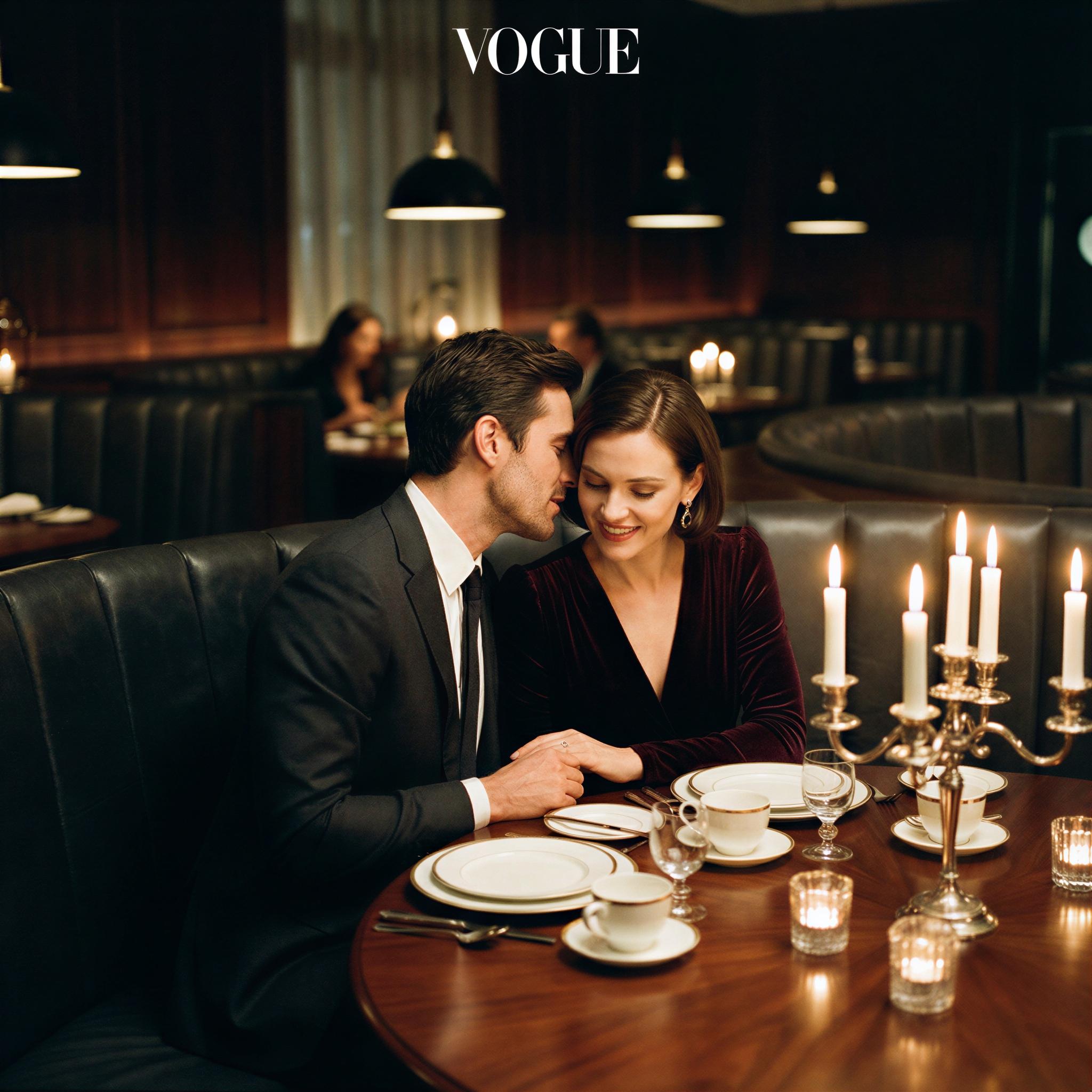 Vogue editorial style couple photography, upscale restaurant dinner setting, low ambient moody lighting with candlelight glow, couple sharing an intimate moment over table, confident elegant poses, rich textures, cinematic shallow depth of field, magazine quality romantic atmosphere