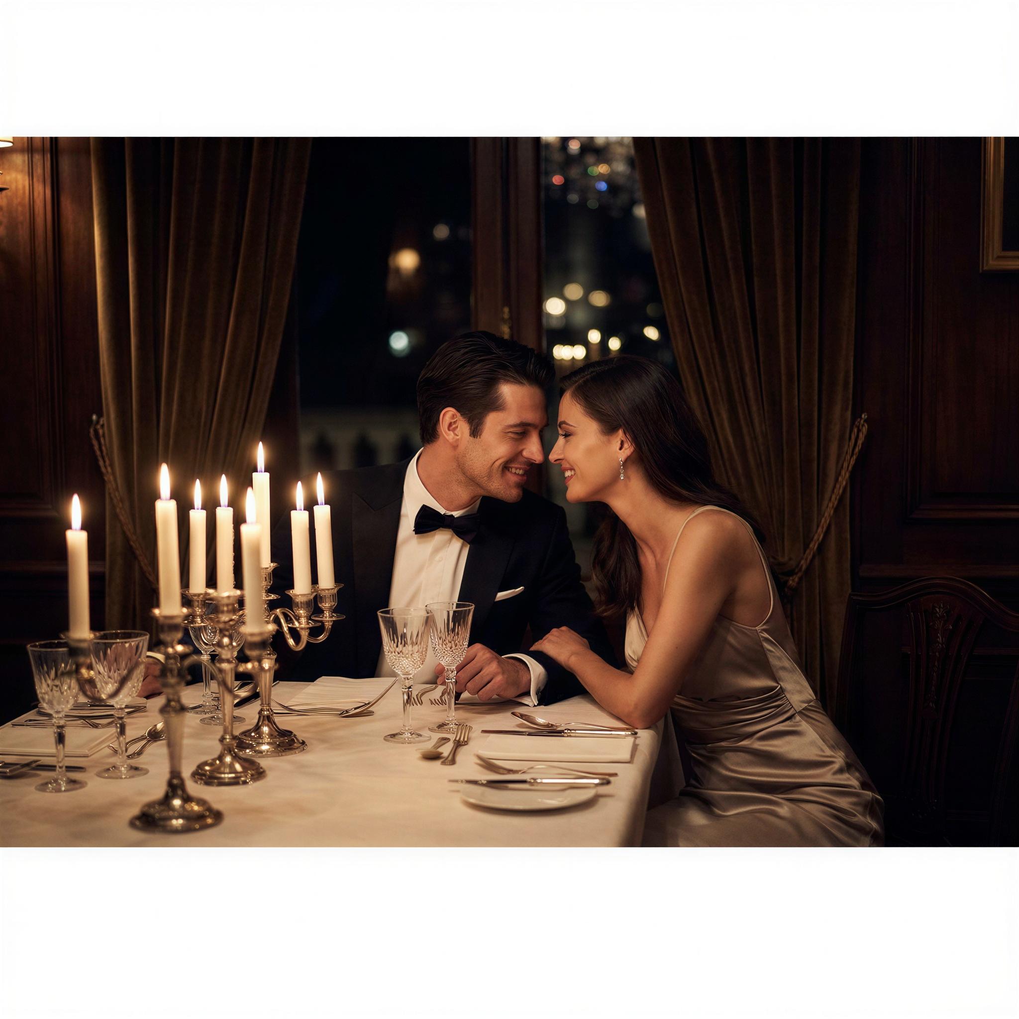 Vogue editorial style, elegant candlelit restaurant dinner date, dramatic low-key lighting with warm highlights, couple sharing a moment across a beautifully set table, confident and sophisticated atmosphere, shallow depth of field, professional cinematic portraiture