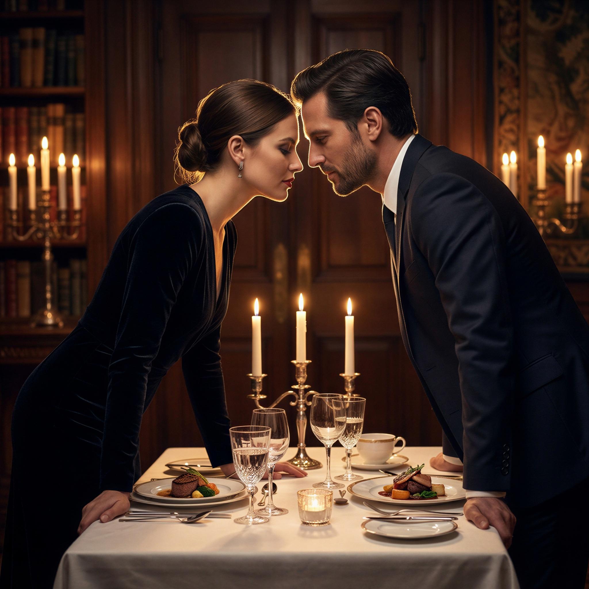 Vogue editorial style, intimate candlelit dinner setting, dramatic low-key lighting with soft rim light on profiles, couple leaning toward each other over a gourmet meal, confident elegant mood, shallow depth of field, high-resolution fashion photography, sophisticated evening wear