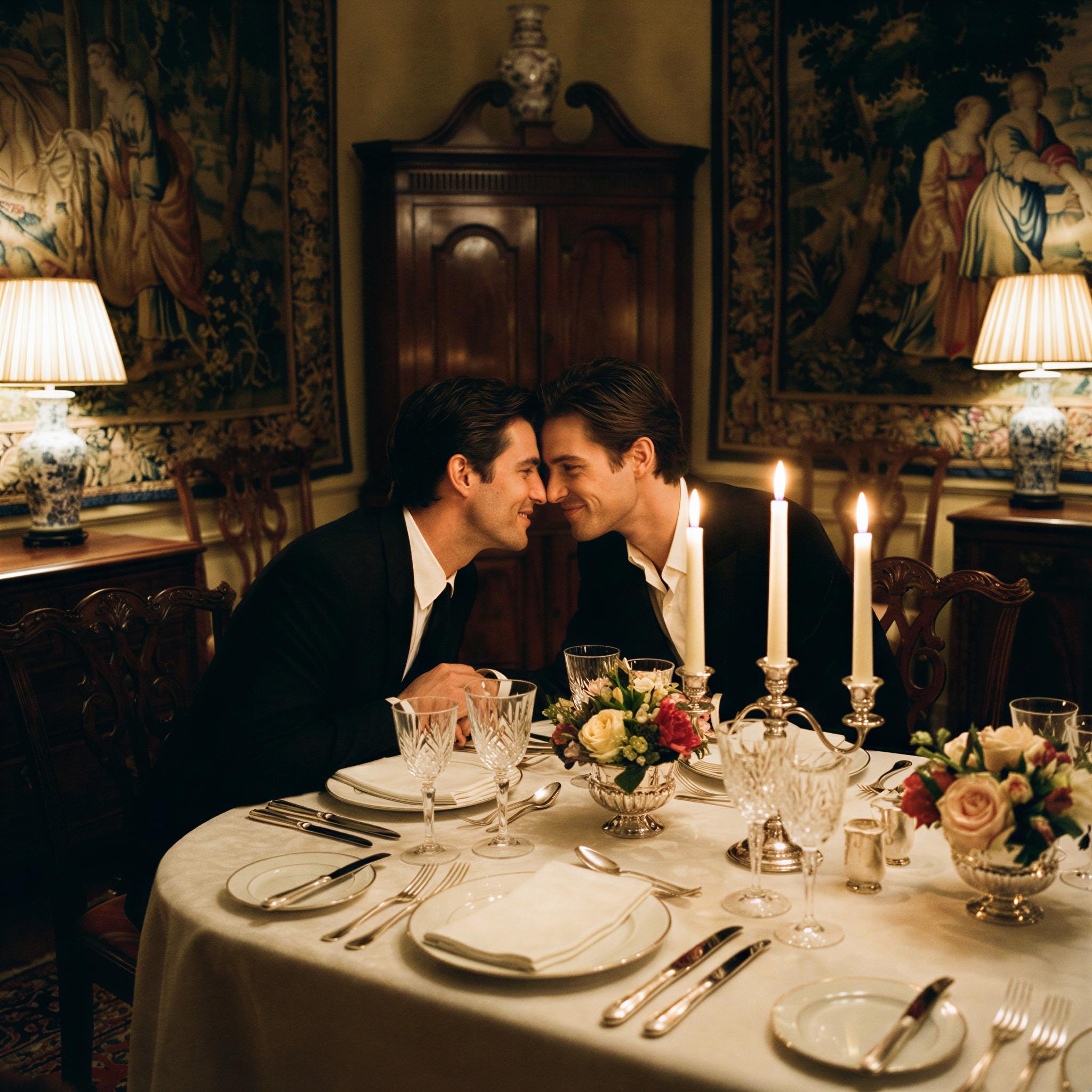 Vogue editorial style, intimate dinner date setting, low ambient light with warm candlelight illumination, couple seated closely across a fine dining table, elegant mood, sophisticated composition, focusing on shared glance, high-resolution fine art photography