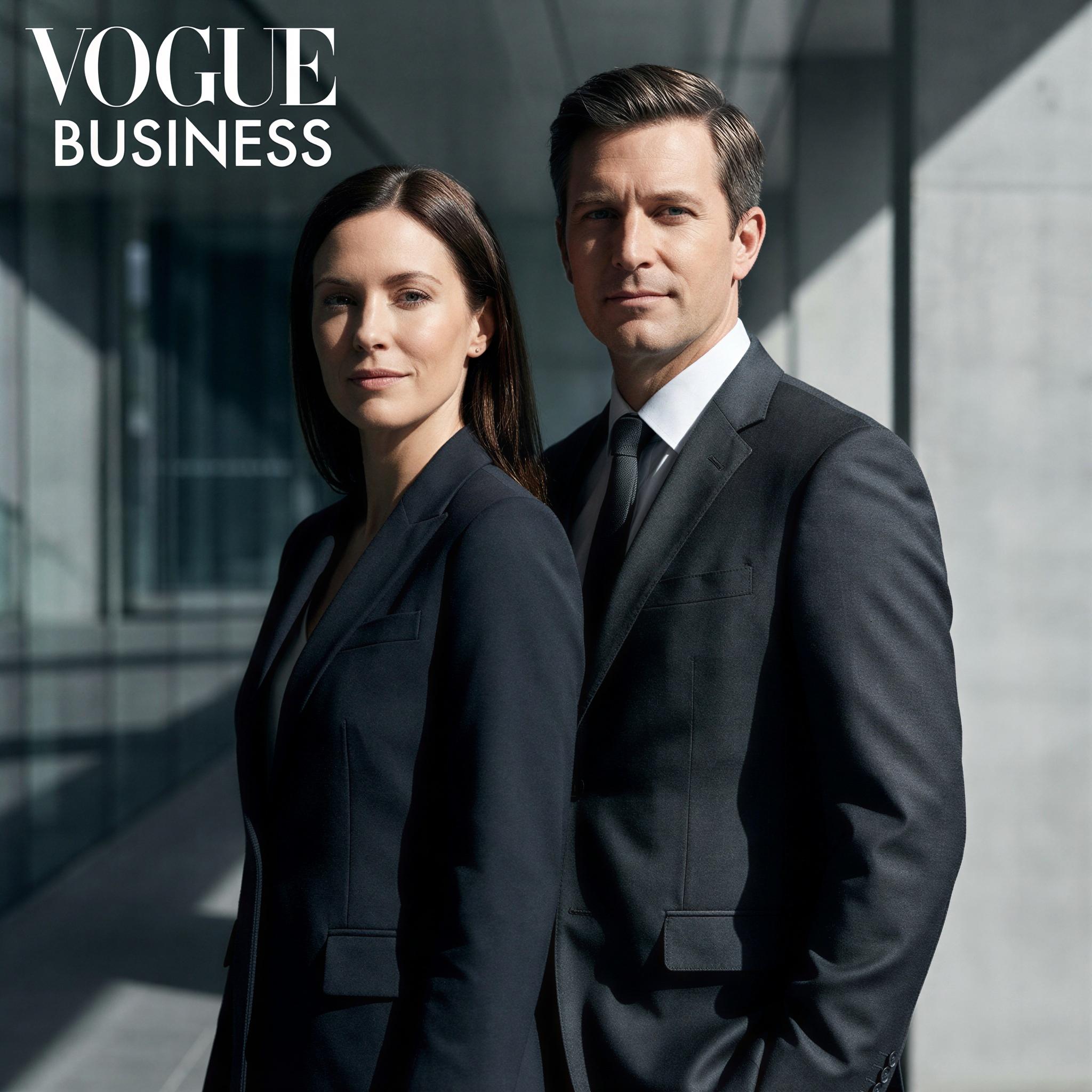Vogue editorial style, professional business setting, sharp studio lighting creating confident shadows, two figures posed side-by-side looking directly at camera, conveying synchronized partnership and success, elegant formal wear, high-contrast composition, magazine quality corporate portrait