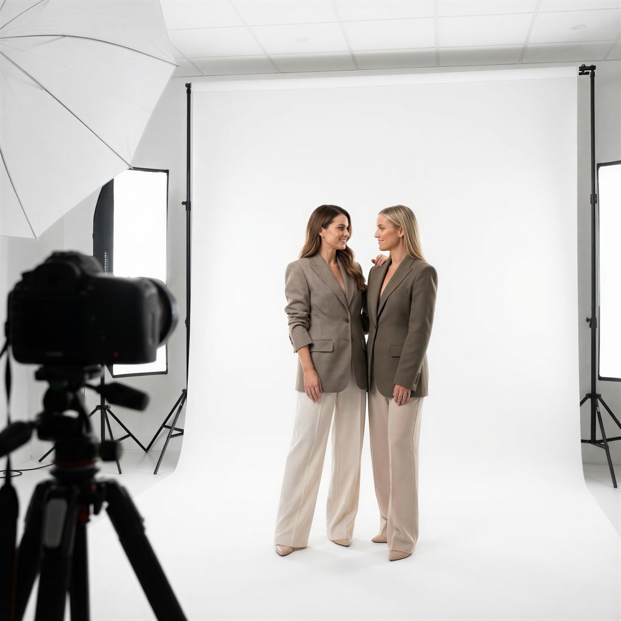 Vogue editorial style, professional studio setting, crisp high-key lighting emphasizing elegance, two figures posed confidentially side-by-side, strong composition, sophisticated atmosphere, high-fashion professional portraiture, subtle positive energy, sharp focus