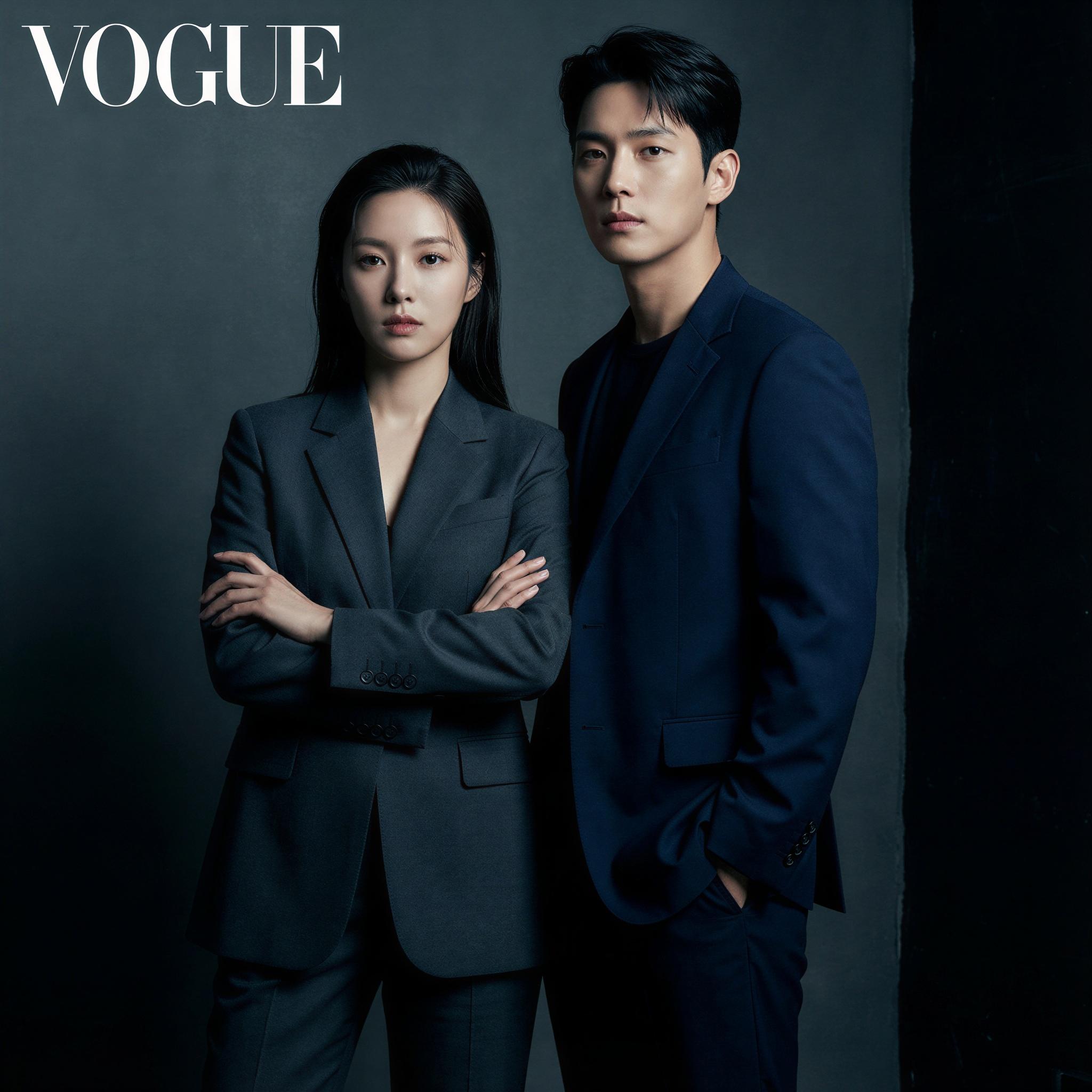 Vogue editorial style, professional studio lighting, strong contrast, two figures posed confidently side-by-side in elegant business attire, power dynamic composition, sharp focus, dark moody background, elevated sophisticated portrait, conveying shared success