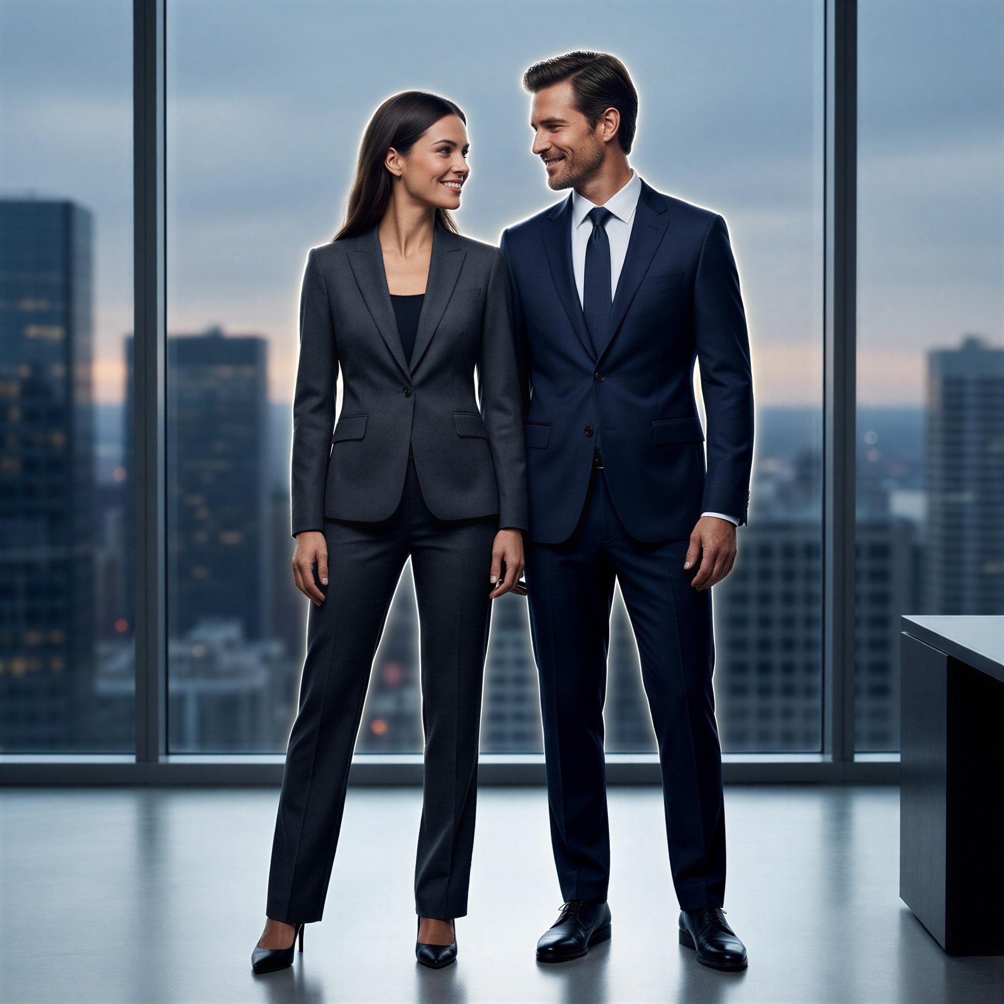 Vogue editorial style, professional business setting, sharp studio lighting with subtle rim light, two figures positioned confidently side-by-side, mutual focus, elegant modern attire, conveying trust and partnership, clean minimalist composition, high resolution editorial quality