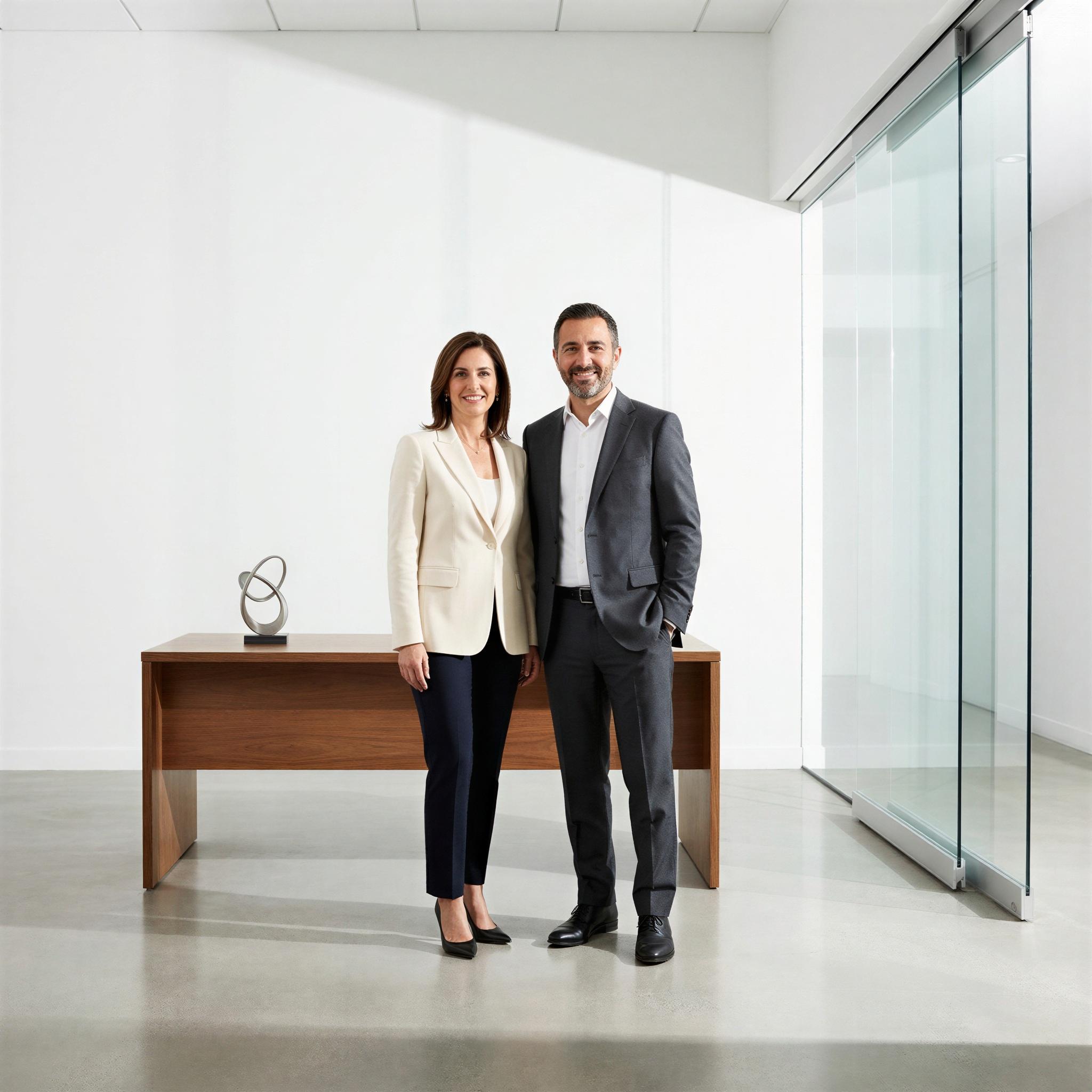 Vogue editorial style couple photography, minimalist modern office setting, sharp studio lighting creating subtle shadows, professional and confident interaction, two figures standing side-by-side, high-key aesthetic, magazine quality, conveying partnership and synergy